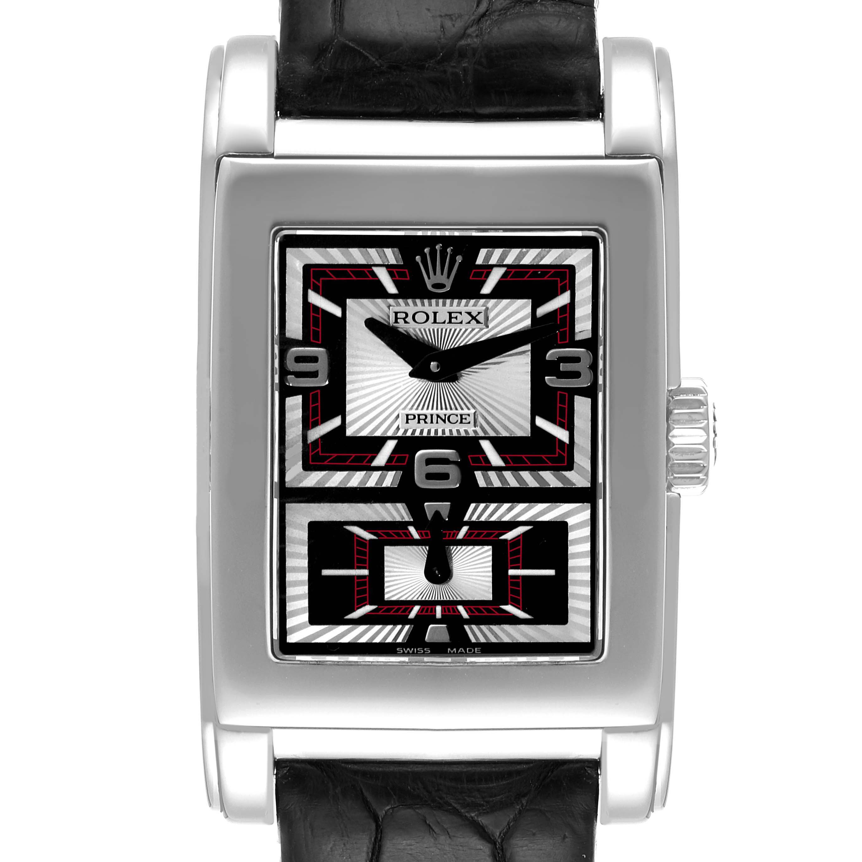 The watch is a Rolex Cellini 5443/9 Men
s White Gold Black Dial 5443/9 Men
s White Gold Black Dial model, shown from a front angle displaying its rectangular face and crown.