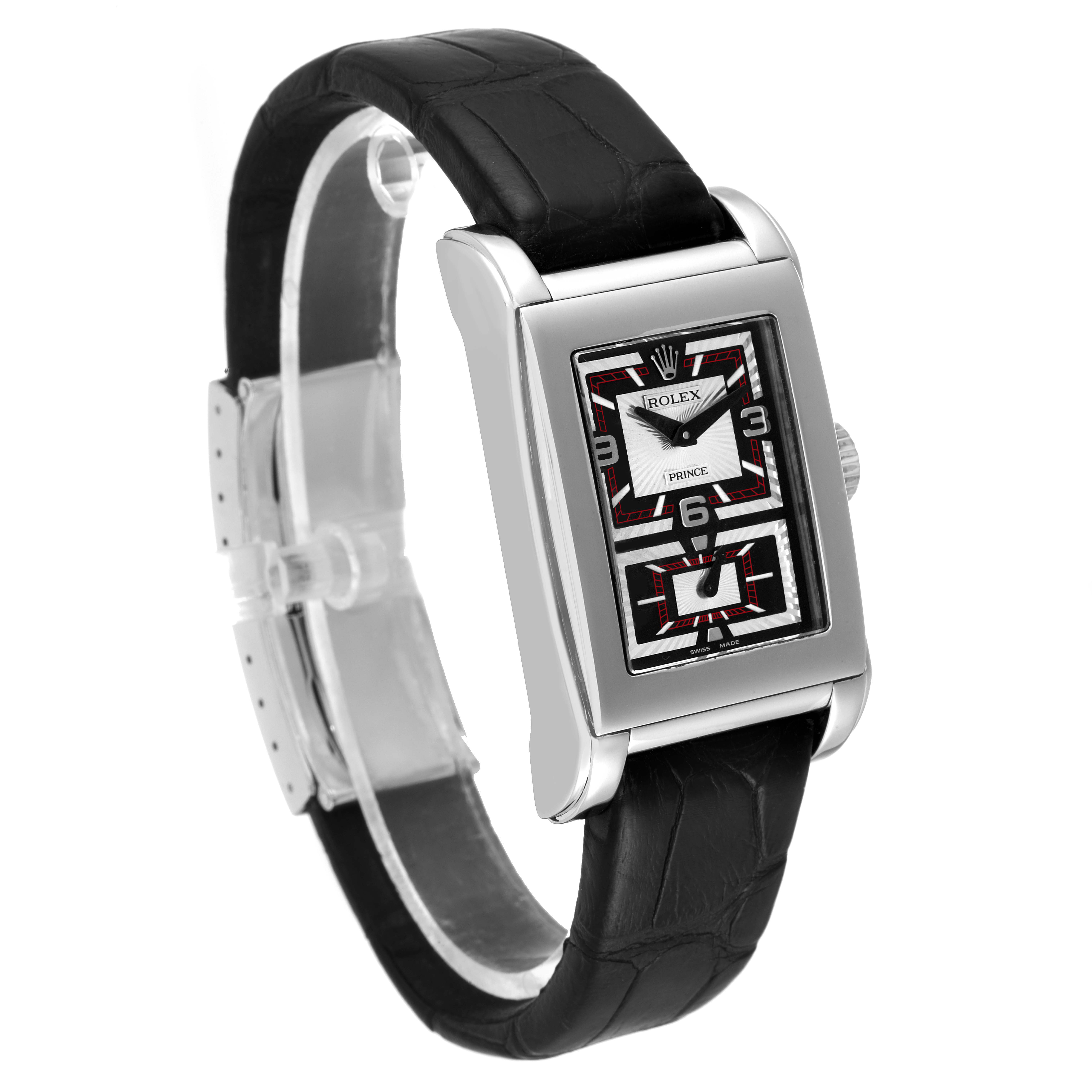 This image shows a Rolex Cellini 5443/9 Men
s White Gold Black Dial 5443/9 Men
s White Gold Black Dial model watch, focusing on the strap, case, and dial at an angled side view.