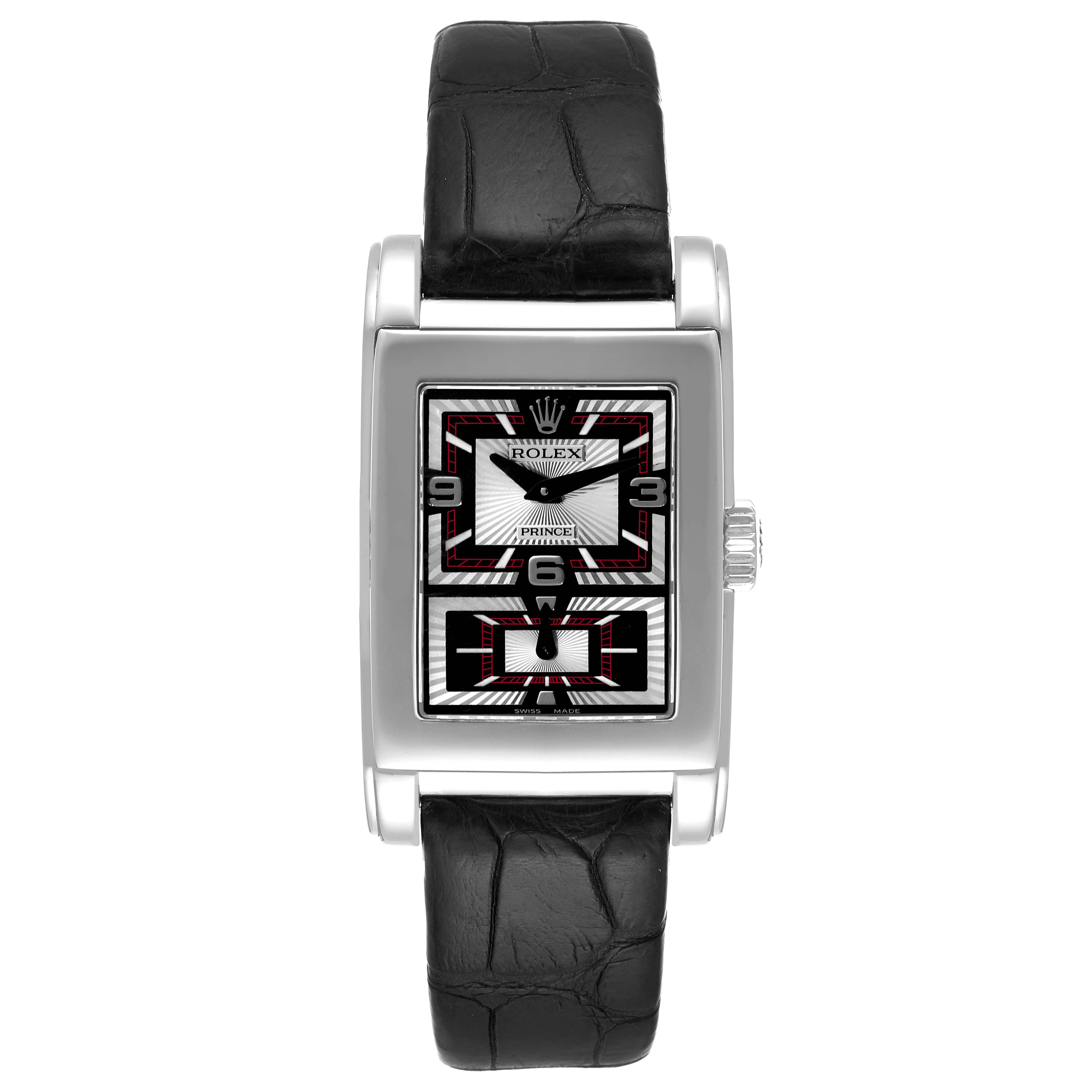 The image shows a Rolex Cellini 5443/9 Men
s White Gold Black Dial 5443/9 Men
s White Gold Black Dial Prince model watch, viewed from the front, showcasing its rectangular dial and black leather strap.