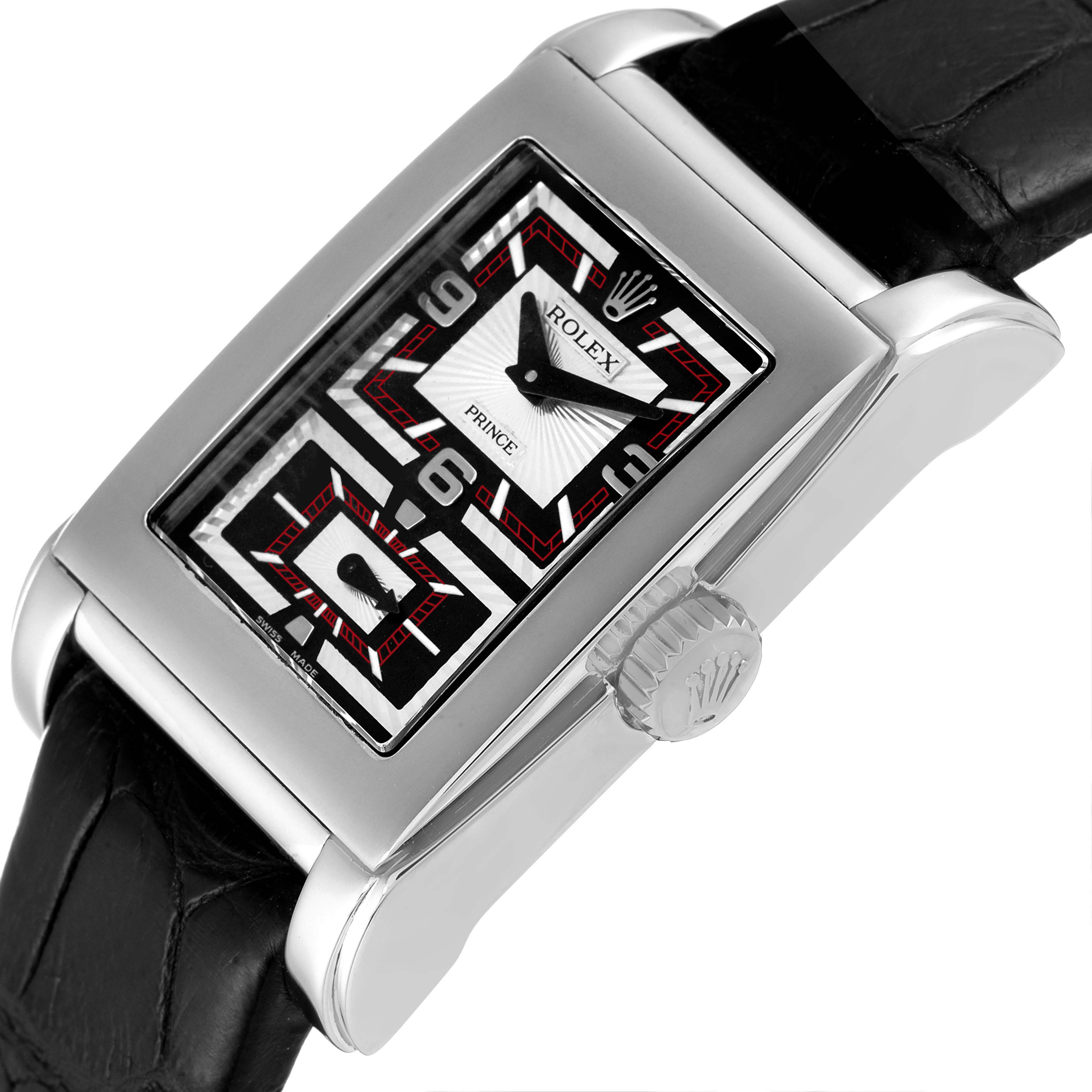 The image shows a close-up angle of the Rolex Cellini 5443/9 Men
s White Gold Black Dial 5443/9 Men
s White Gold Black Dial Prince wristwatch, highlighting its face, crown, and leather strap.