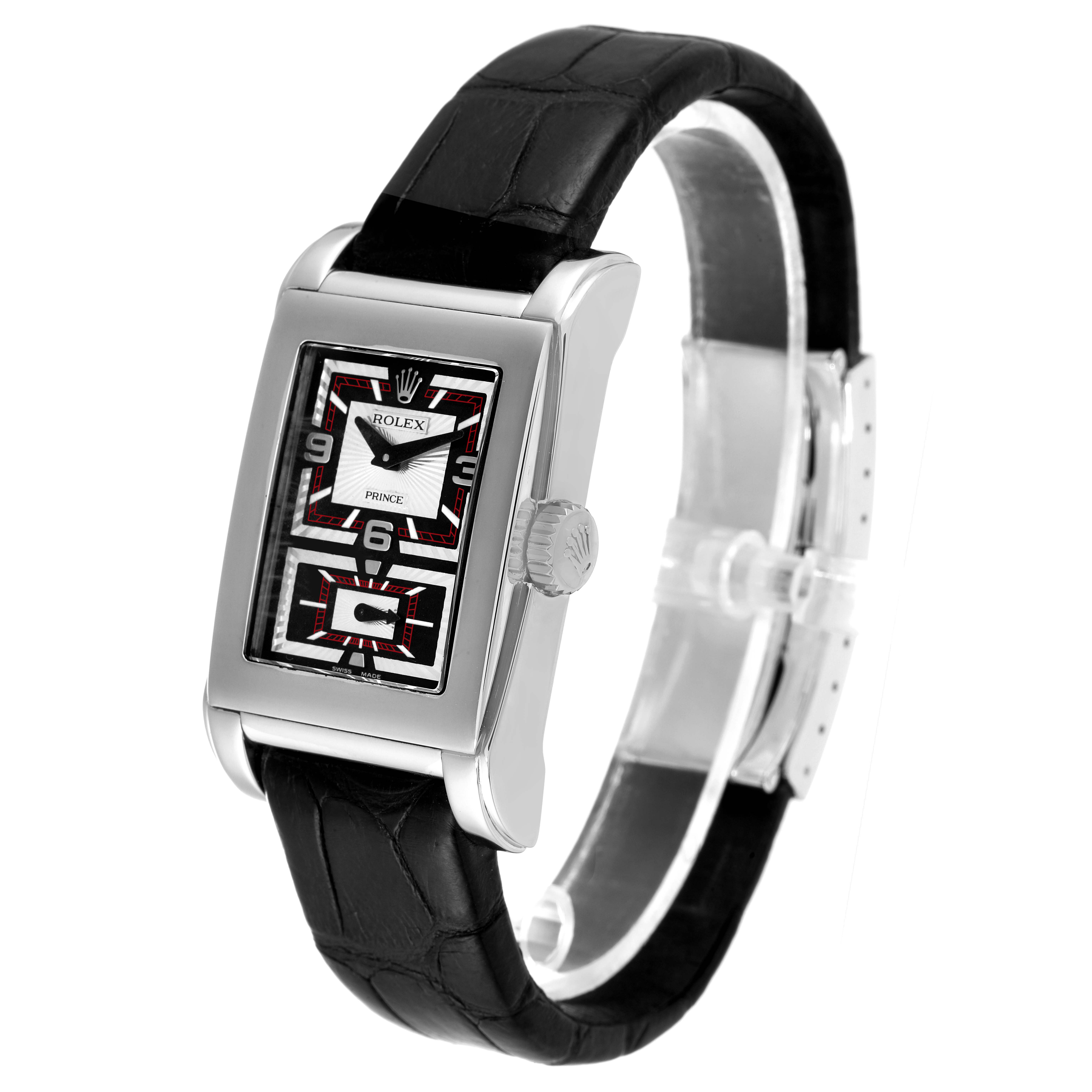 The Rolex Cellini 5443/9 Men
s White Gold Black Dial 5443/9 Men
s White Gold Black Dial watch is shown from a front-side angle, highlighting its rectangular dial and black leather strap.