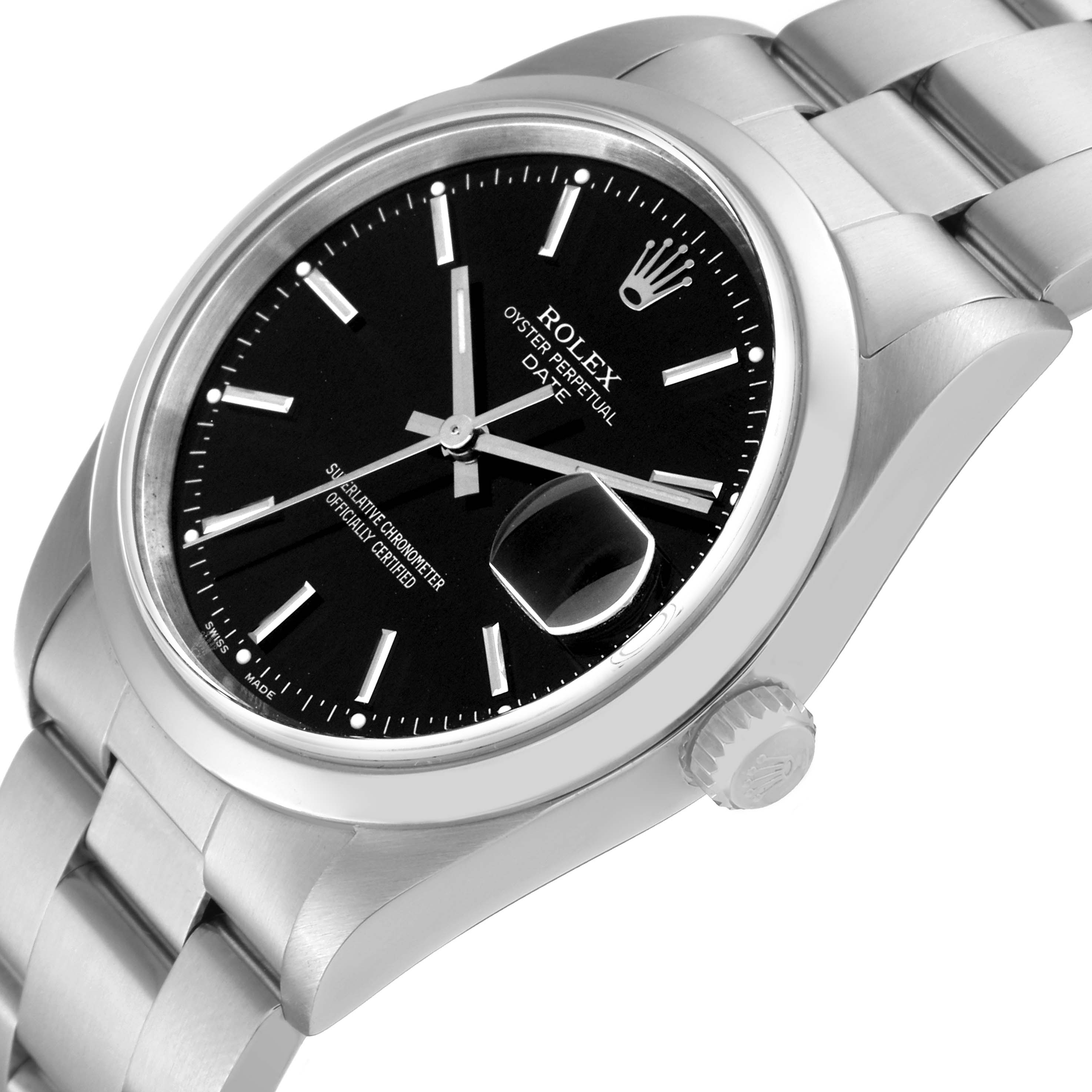 The Rolex Date 15200 Men's Stainless Steel Black Dial 15200 Men's Stainless Steel Black Dial model watch is shown at a slight angle, displaying the face, crown, and part of the bracelet.