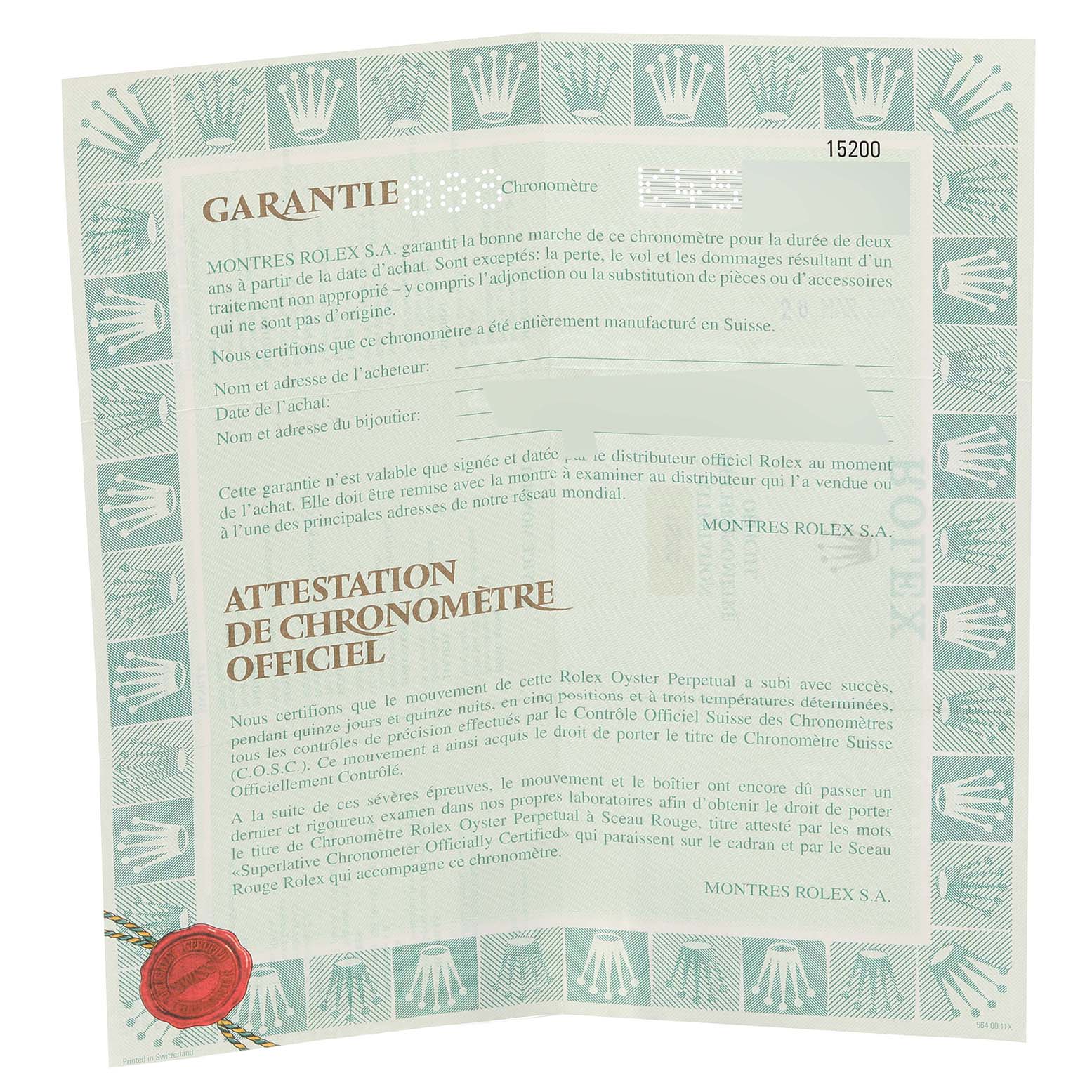 This image shows a warranty certificate and chronometer certification for a Rolex Date 15200 Men's Stainless Steel Black Dial 15200 Men's Stainless Steel Black Dial model watch.