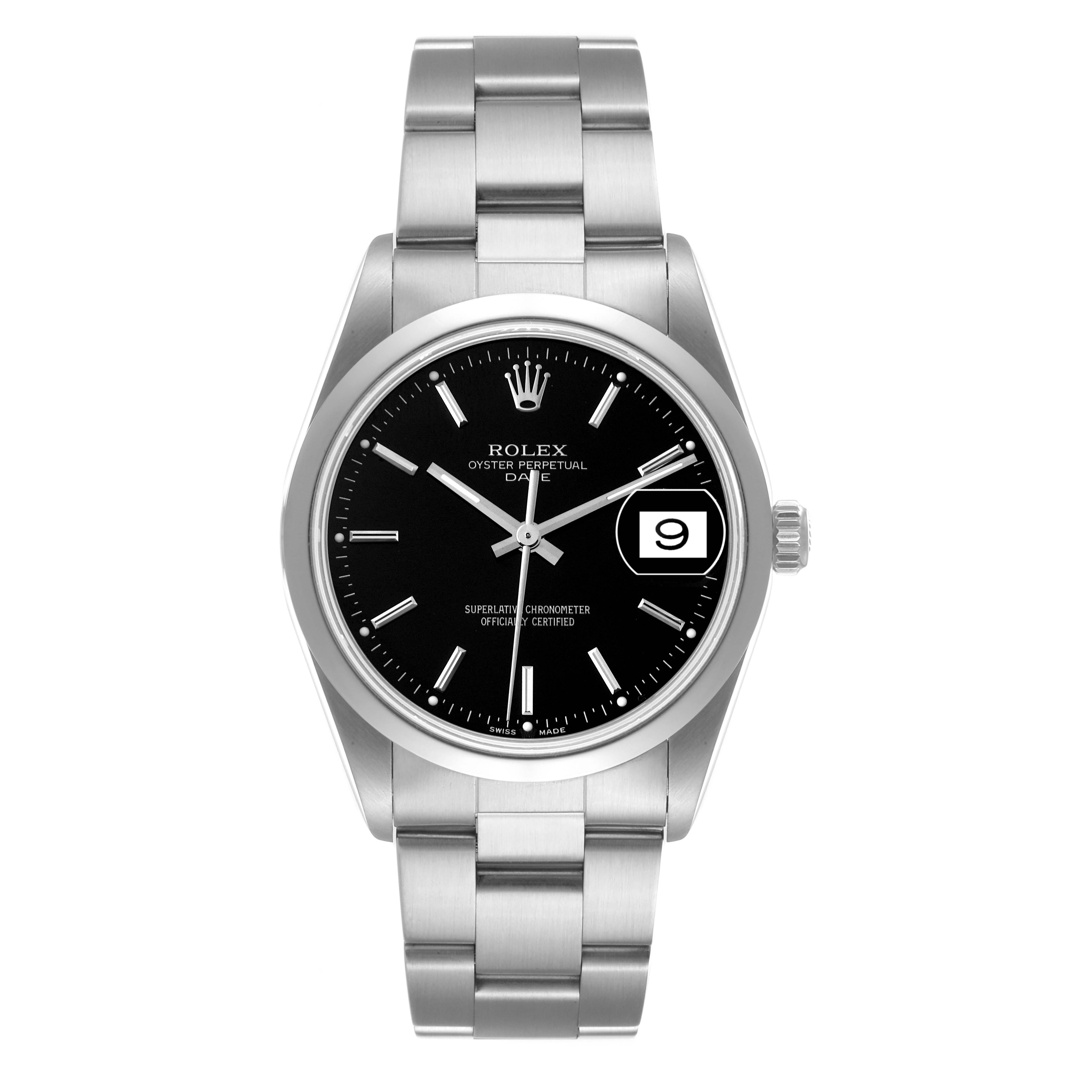 This image shows a front view of a Rolex Date 15200 Men's Stainless Steel Black Dial 15200 Men's Stainless Steel Black Dial model watch, displaying its bezel, dial, hands, date window, and bracelet.