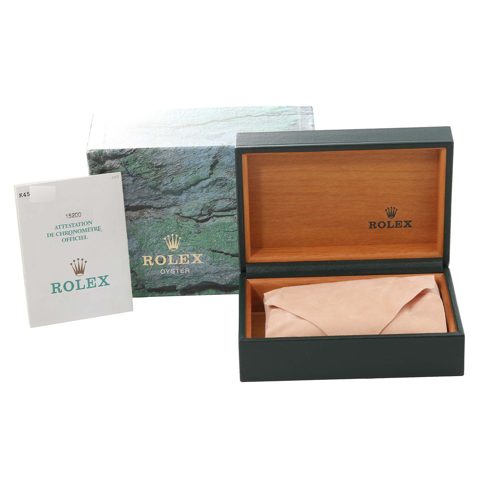 The image shows the packaging and certificate for the Rolex Date 15200 Men's Stainless Steel Black Dial 15200 Men's Stainless Steel Black Dial model, including the watch box and official chronometer attestation.