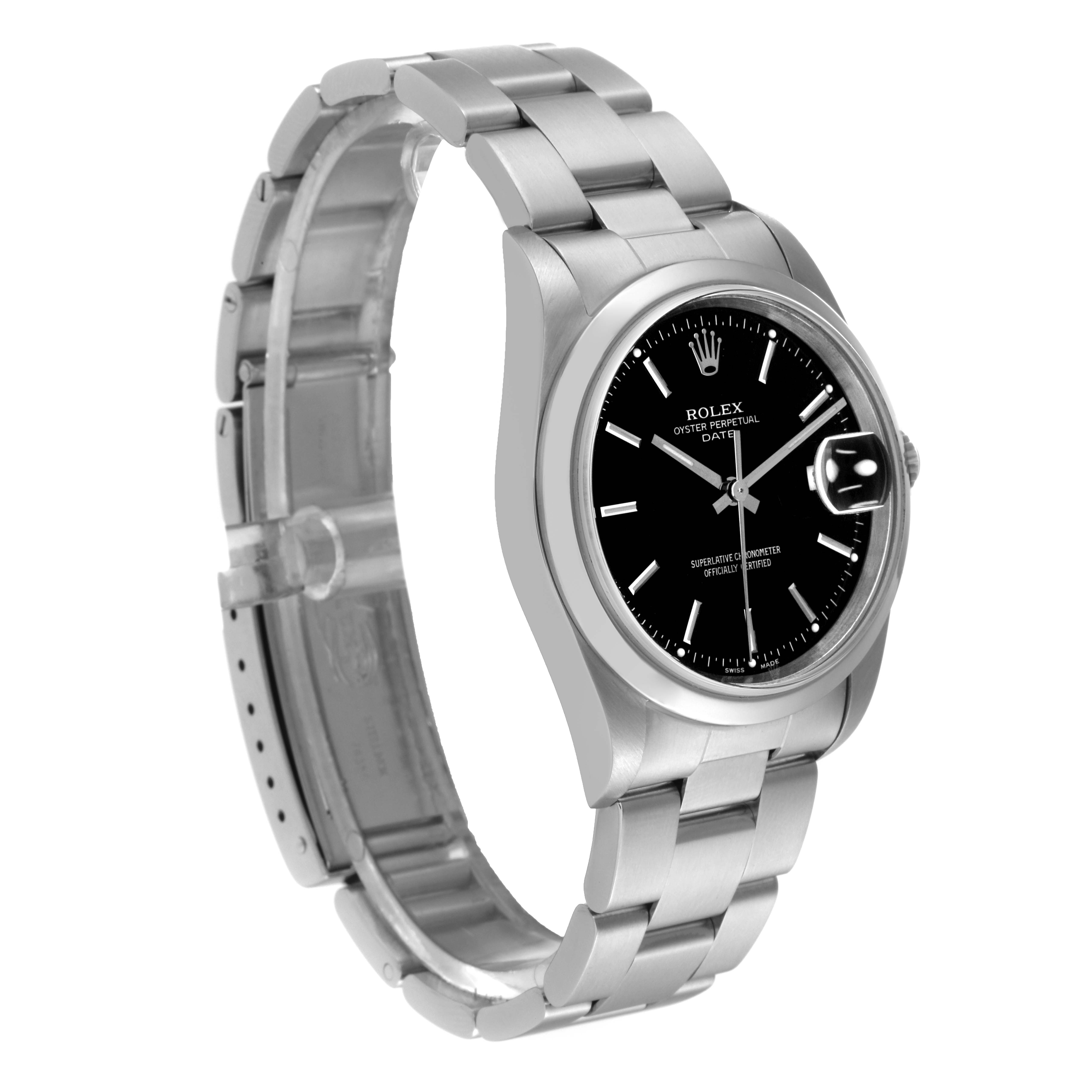The Rolex Date 15200 Men's Stainless Steel Black Dial 15200 Men's Stainless Steel Black Dial model watch is shown at a slight angle, displaying its face, bezel, bracelet, and clasp.