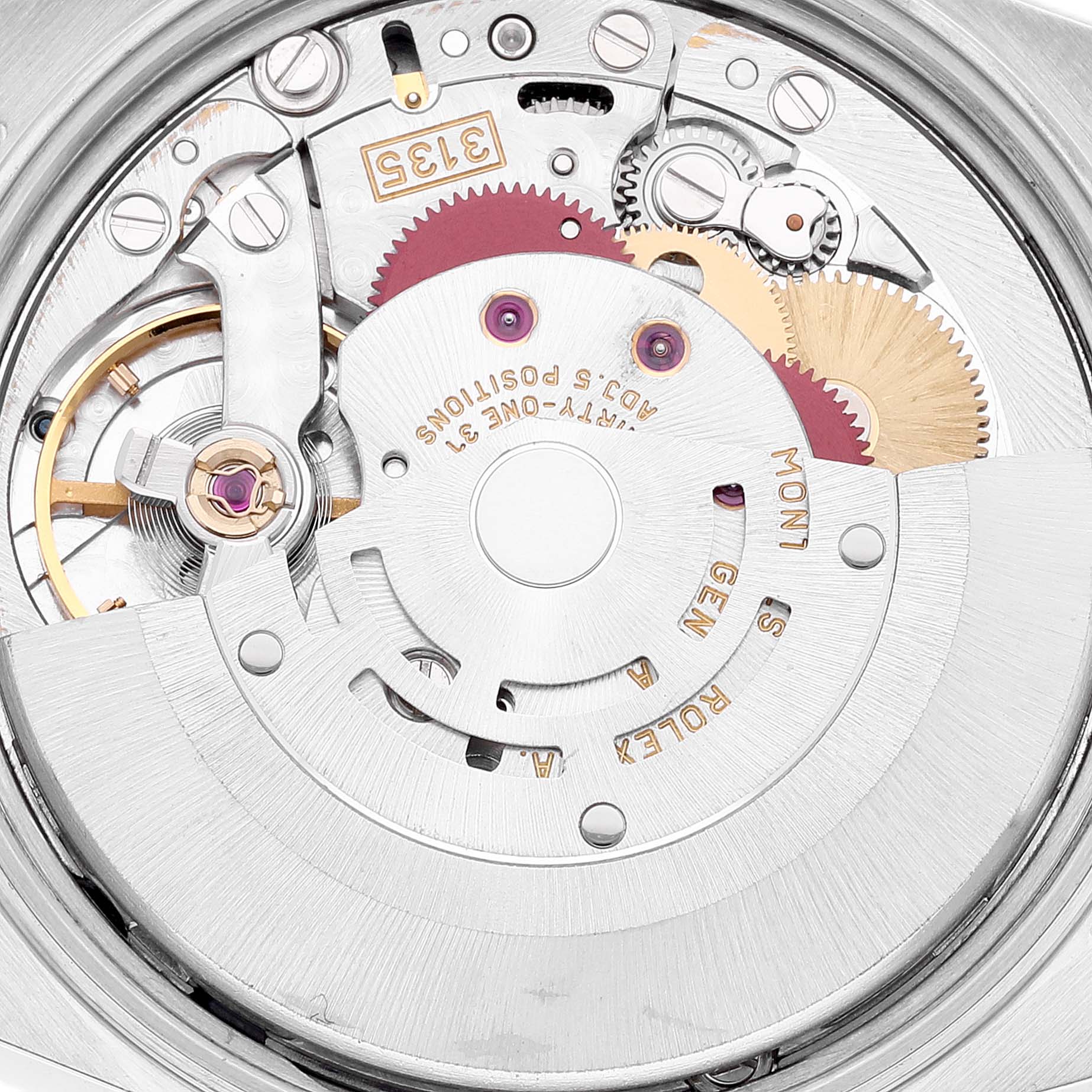 The image shows a close-up view of the movement mechanism inside a Rolex Date 15200 Men's Stainless Steel Black Dial 15200 Men's Stainless Steel Black Dial model watch, highlighting gears and other internal components.