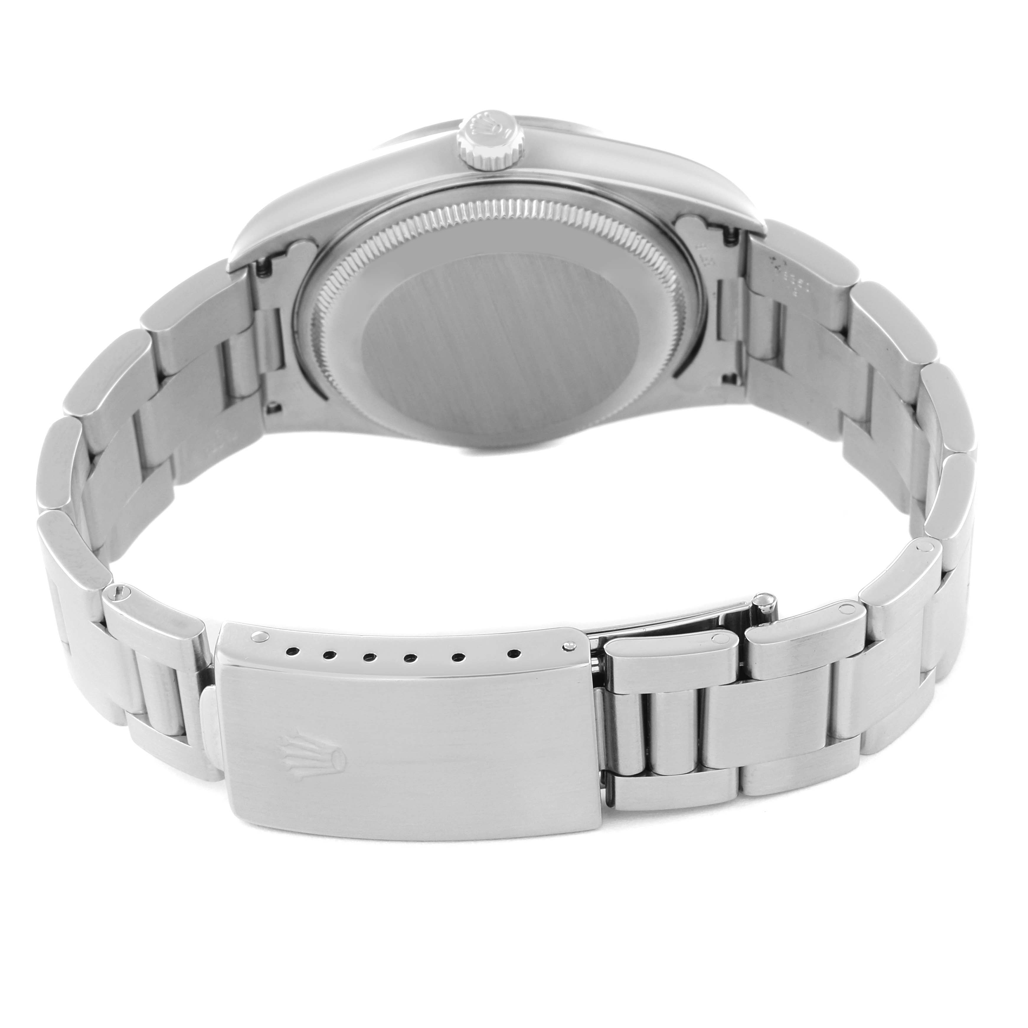 The image shows the back and clasp of a Rolex Date 15200 Men's Stainless Steel Black Dial 15200 Men's Stainless Steel Black Dial model watch from a straight-on angle.