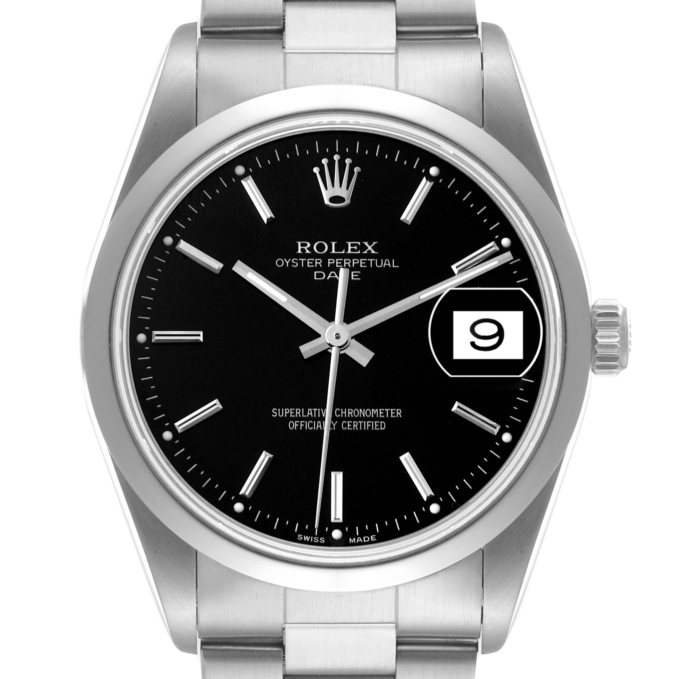 This image shows a front view of a Rolex Date 15200 Men's Stainless Steel Black Dial 15200 Men's Stainless Steel Black Dial model watch, showcasing its dial, crown, and part of the bracelet.