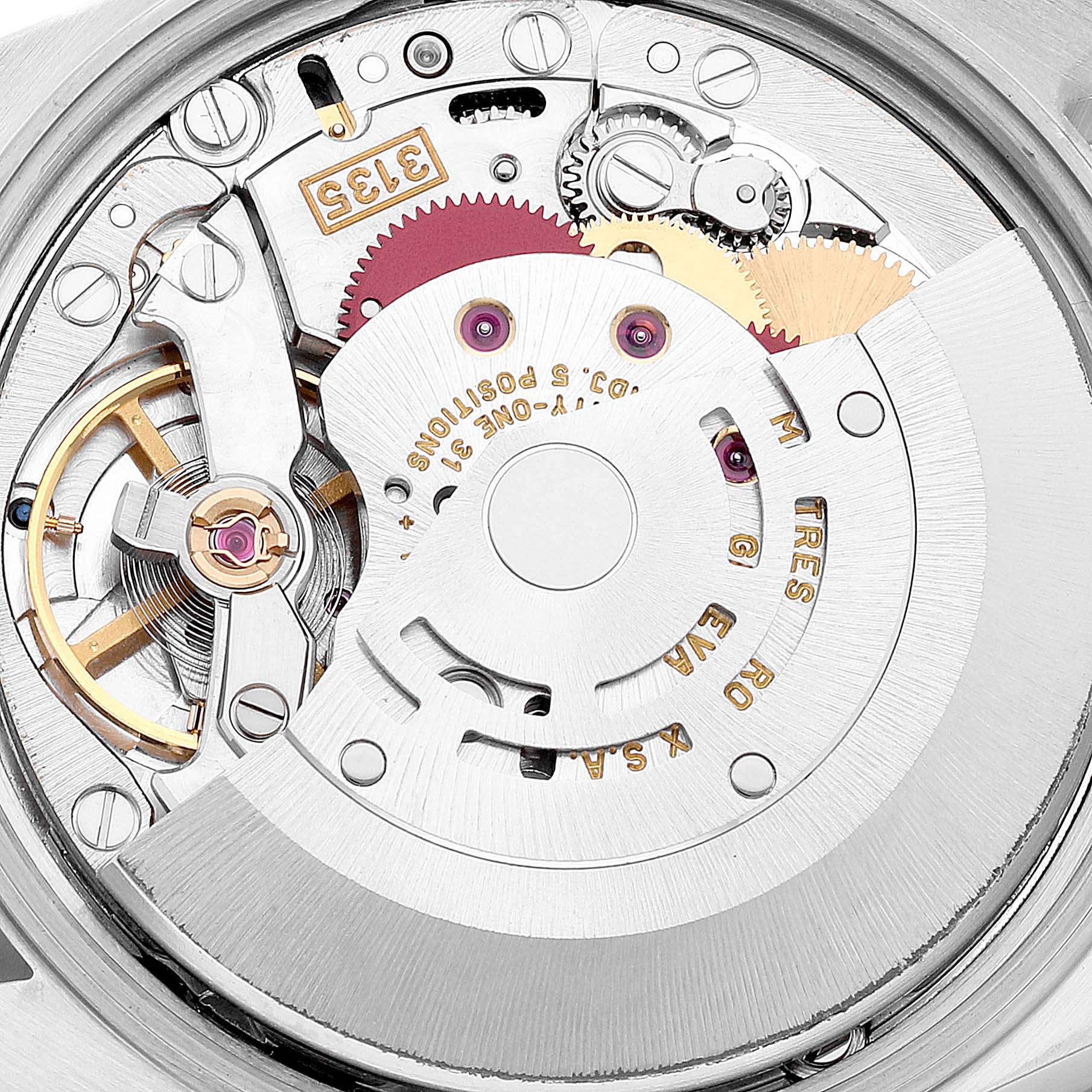 The image shows the intricate internal mechanism of the Rolex Date 15210 Men's Stainless Steel Blue Dial 15210 Men's Stainless Steel Blue Dial model watch from a detailed close-up angle.