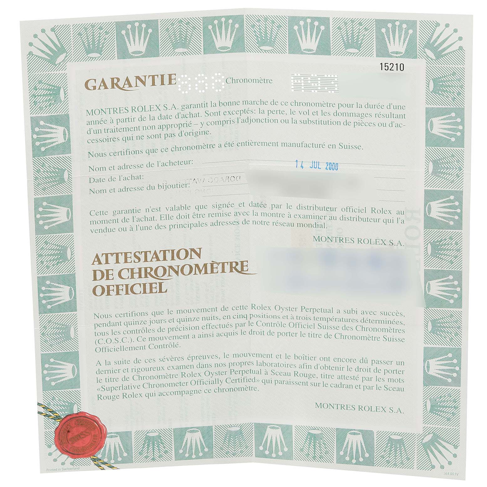 This image shows a guarantee certificate for a Rolex Date 15210 Men's Stainless Steel Blue Dial 15210 Men's Stainless Steel Blue Dial model watch.