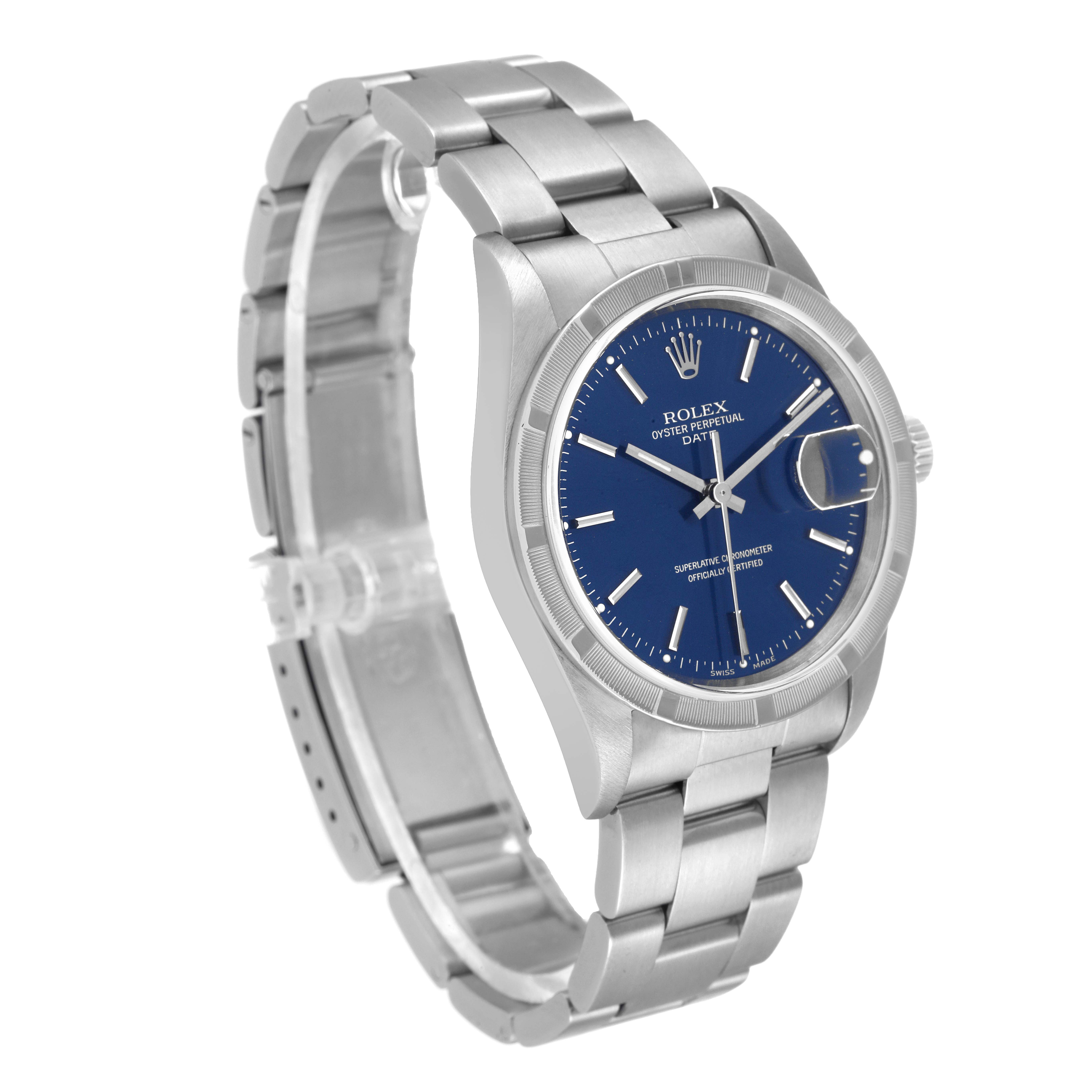 This image shows a Rolex Date 15210 Men's Stainless Steel Blue Dial 15210 Men's Stainless Steel Blue Dial model watch angled from the front-left, displaying the face, bezel, band, and side profile.