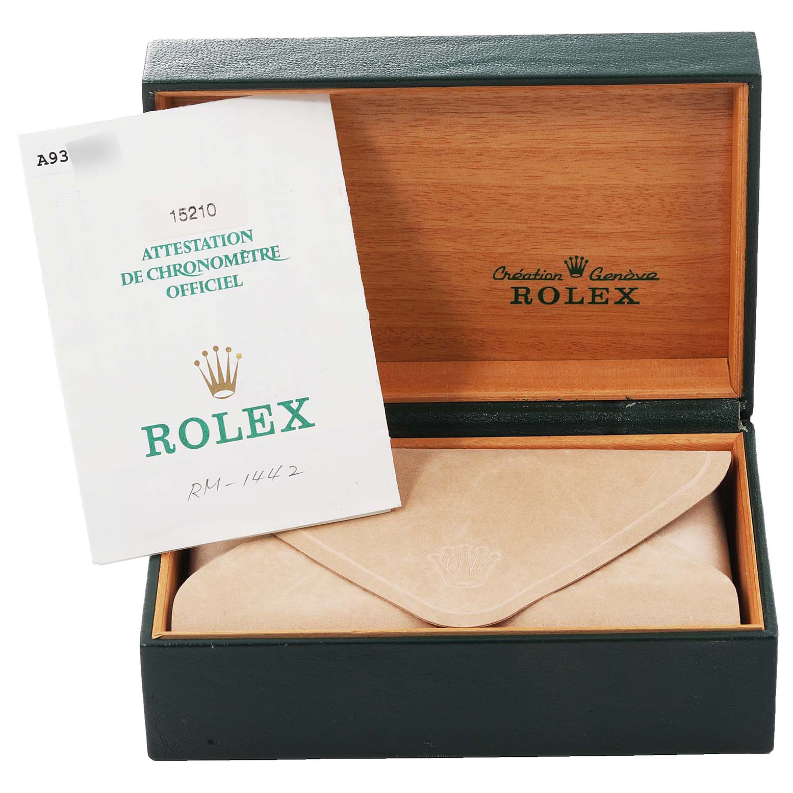 The image shows a Rolex Date 15210 Men's Stainless Steel Blue Dial 15210 Men's Stainless Steel Blue Dial model's open box with certification paperwork and a beige leather pouch inside.