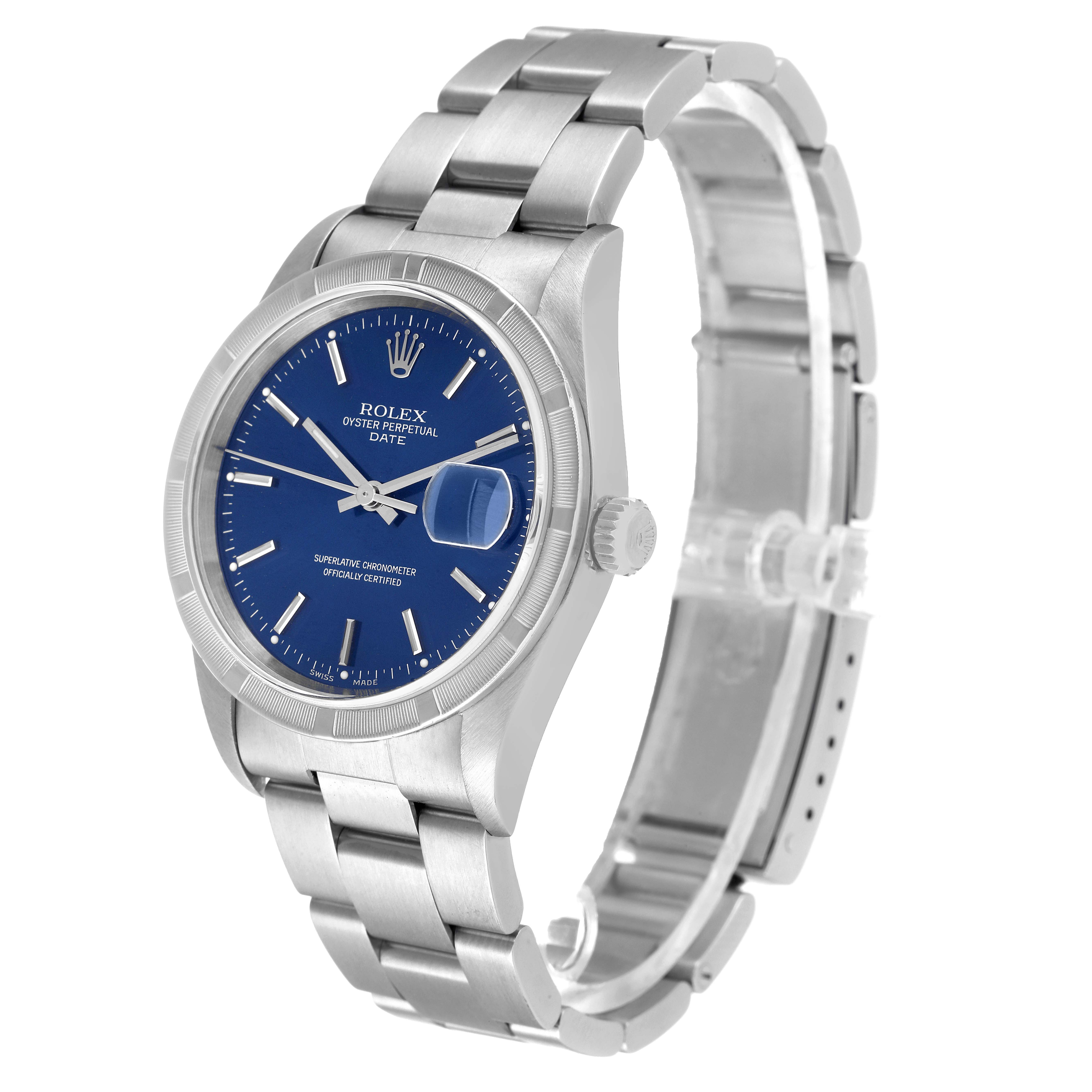 The image shows a Rolex Oyster Perpetual Date watch at a three-quarter angle, highlighting its blue dial, bracelet, and date window with cyclops lens.