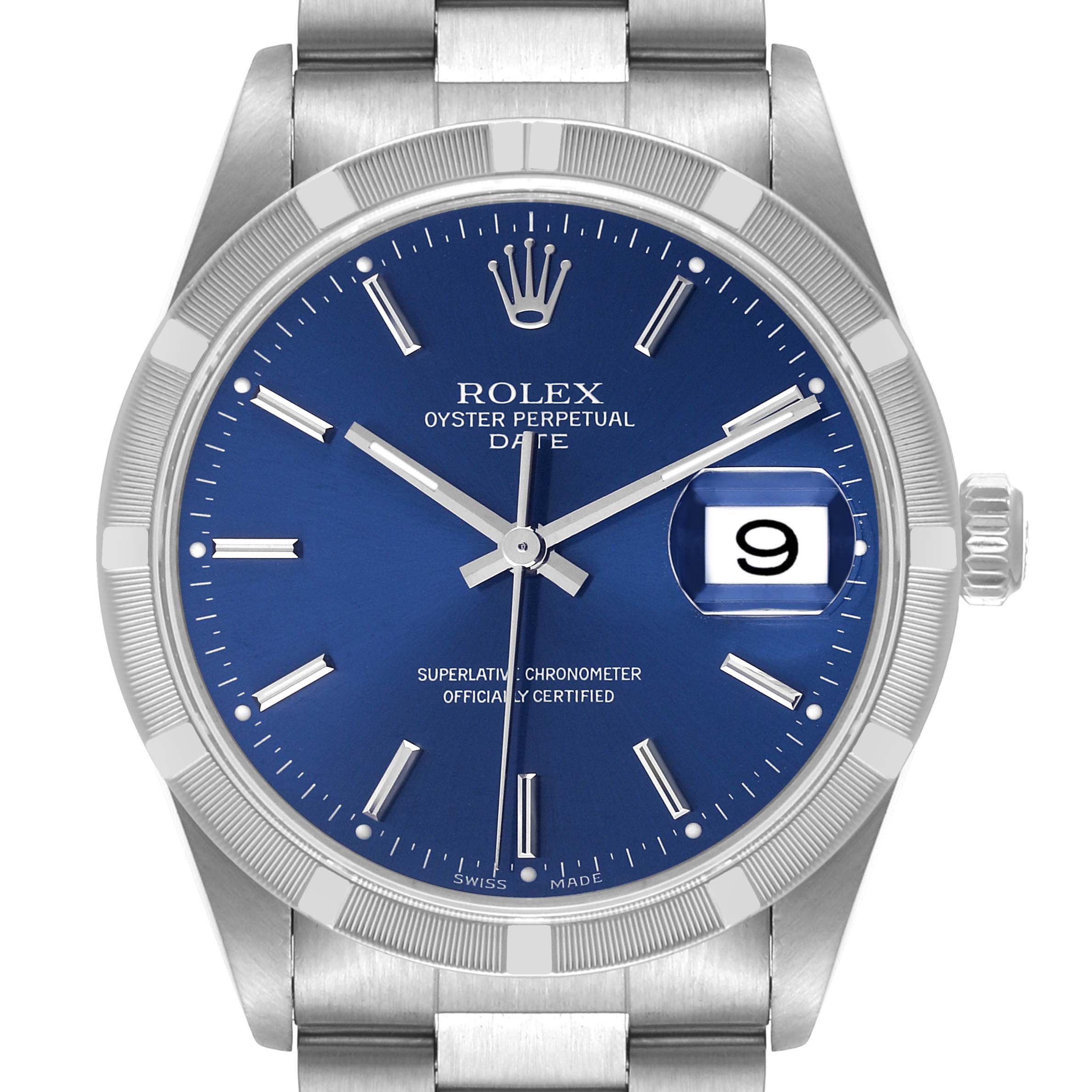This image shows a front view of the Rolex Date 15210 Men's Stainless Steel Blue Dial 15210 Men's Stainless Steel Blue Dial model watch, featuring its blue dial, date window, and stainless steel bracelet.