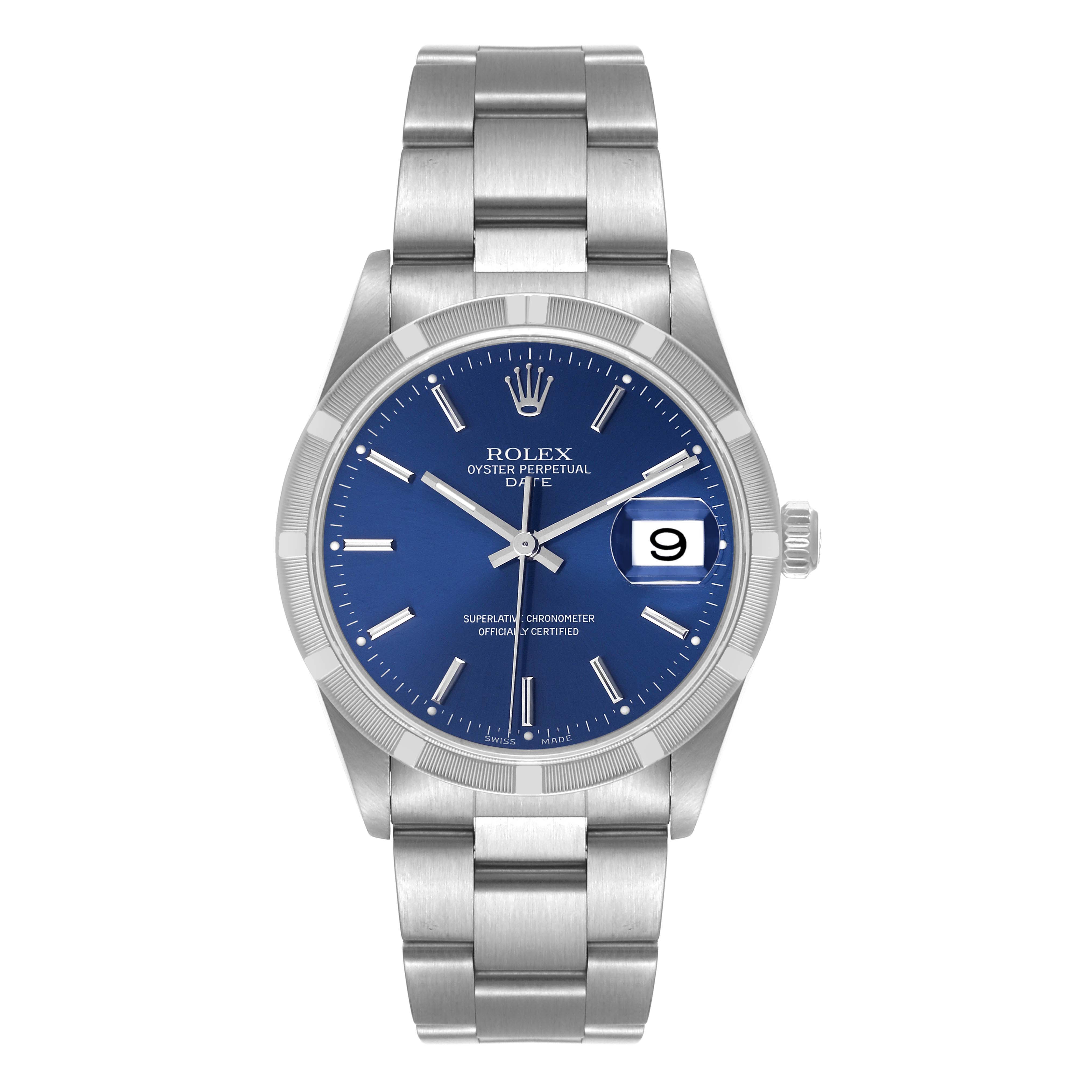 The image shows a Rolex Date 15210 Men's Stainless Steel Blue Dial 15210 Men's Stainless Steel Blue Dial model watch with a blue dial, date window, and stainless steel bracelet from a front view.