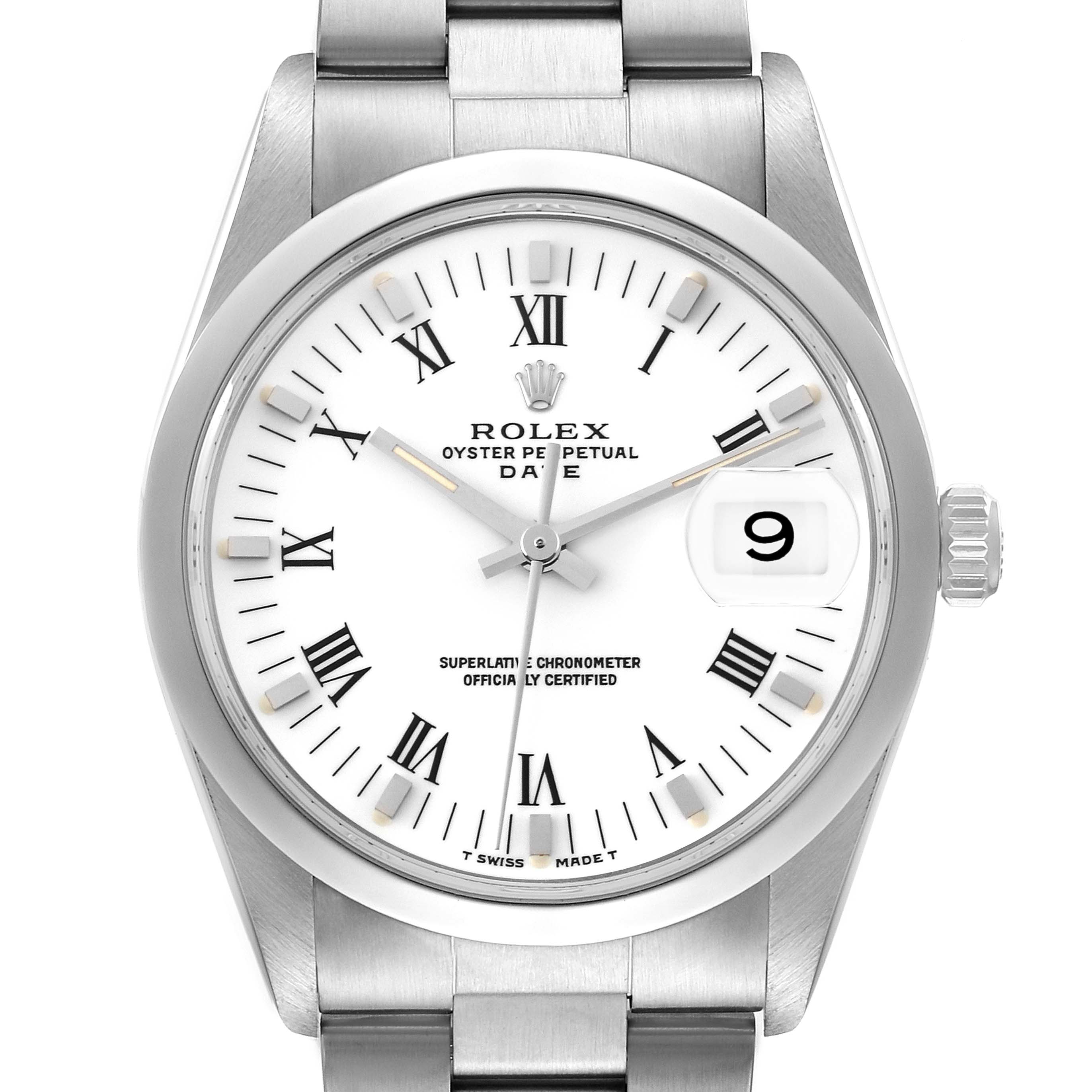 This image shows a front view of the Rolex Oyster Perpetual Date watch, highlighting the dial, hands, date window, and part of the bracelet.