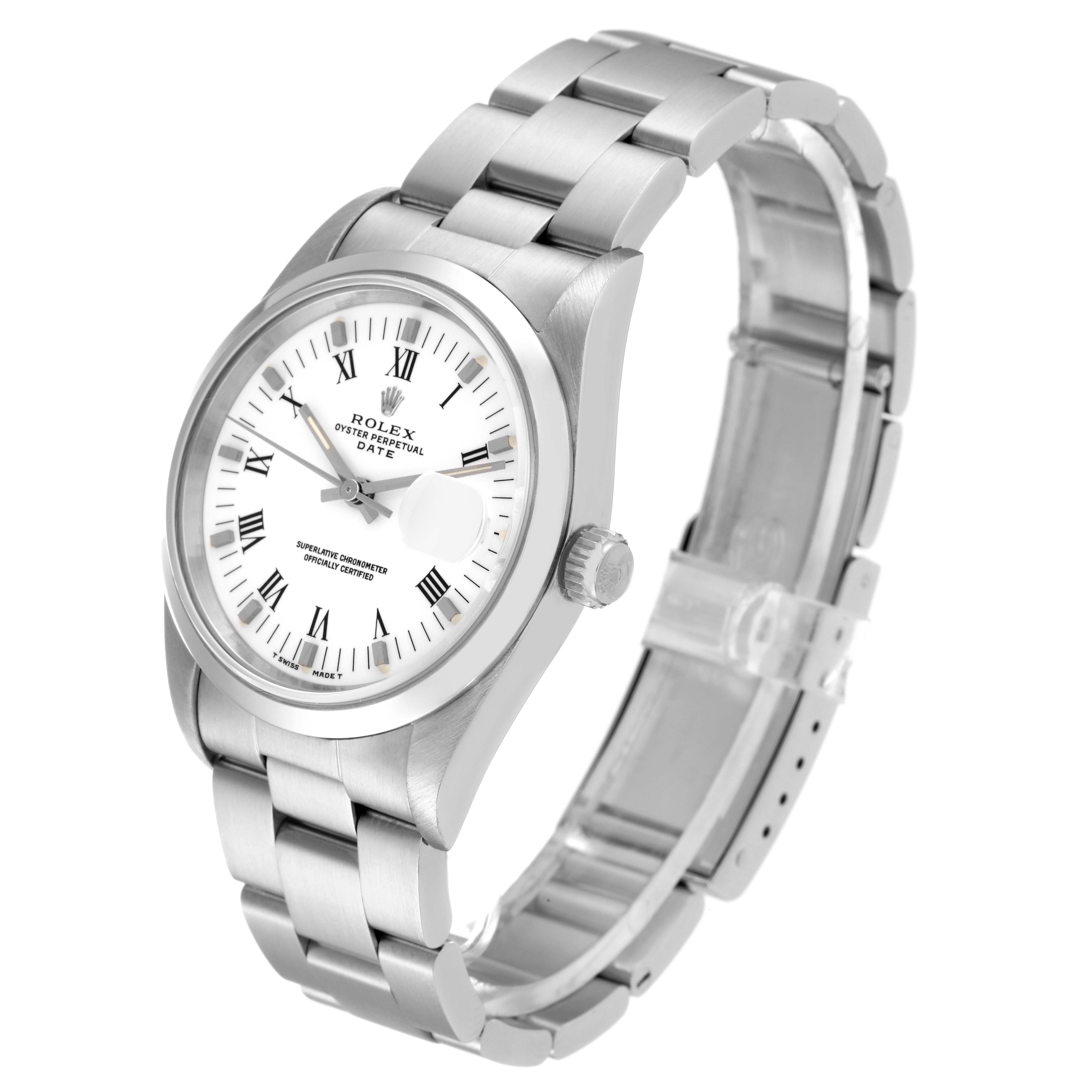 The Rolex Date 15200 Men's Stainless Steel White Dial 15200 Men's Stainless Steel White Dial model watch is shown from a three-quarter angle, displaying the face, bezel, crown, and part of the bracelet.
