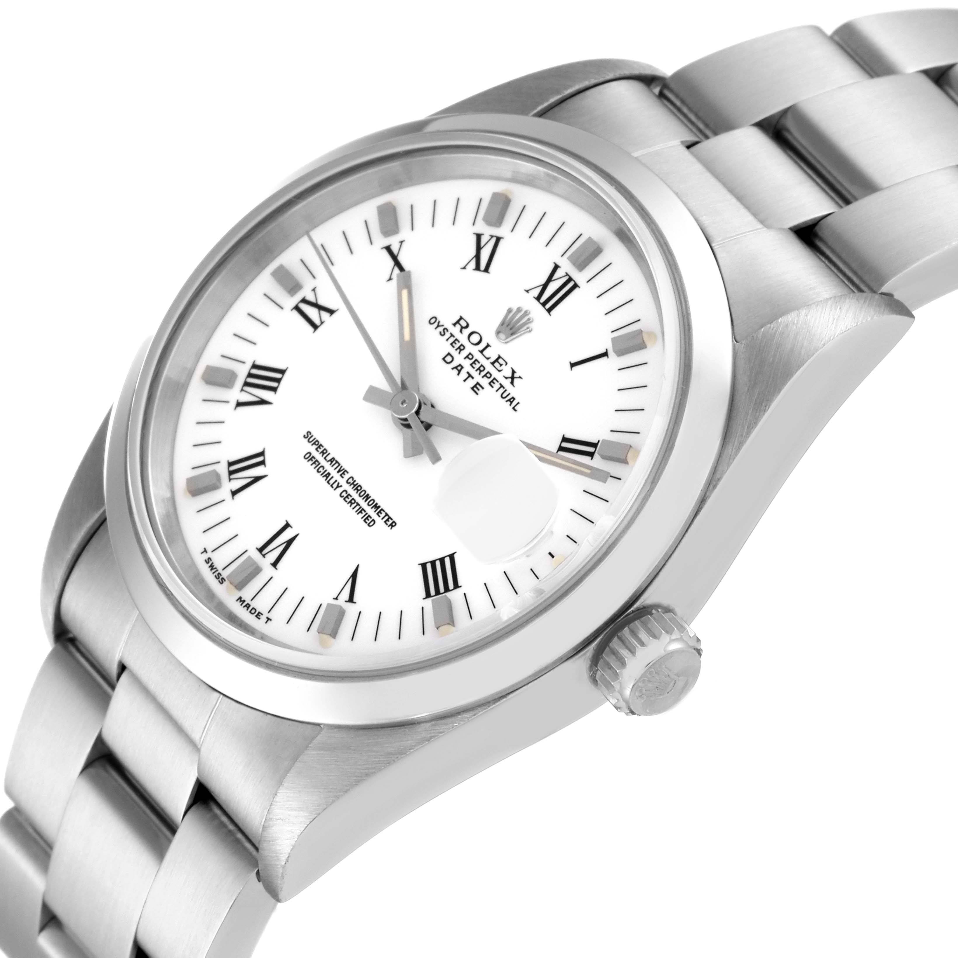 The image shows an angled view of a Rolex Date 15200 Men's Stainless Steel White Dial 15200 Men's Stainless Steel White Dial model watch, highlighting the dial, bezel, case, crown, and part of the bracelet.