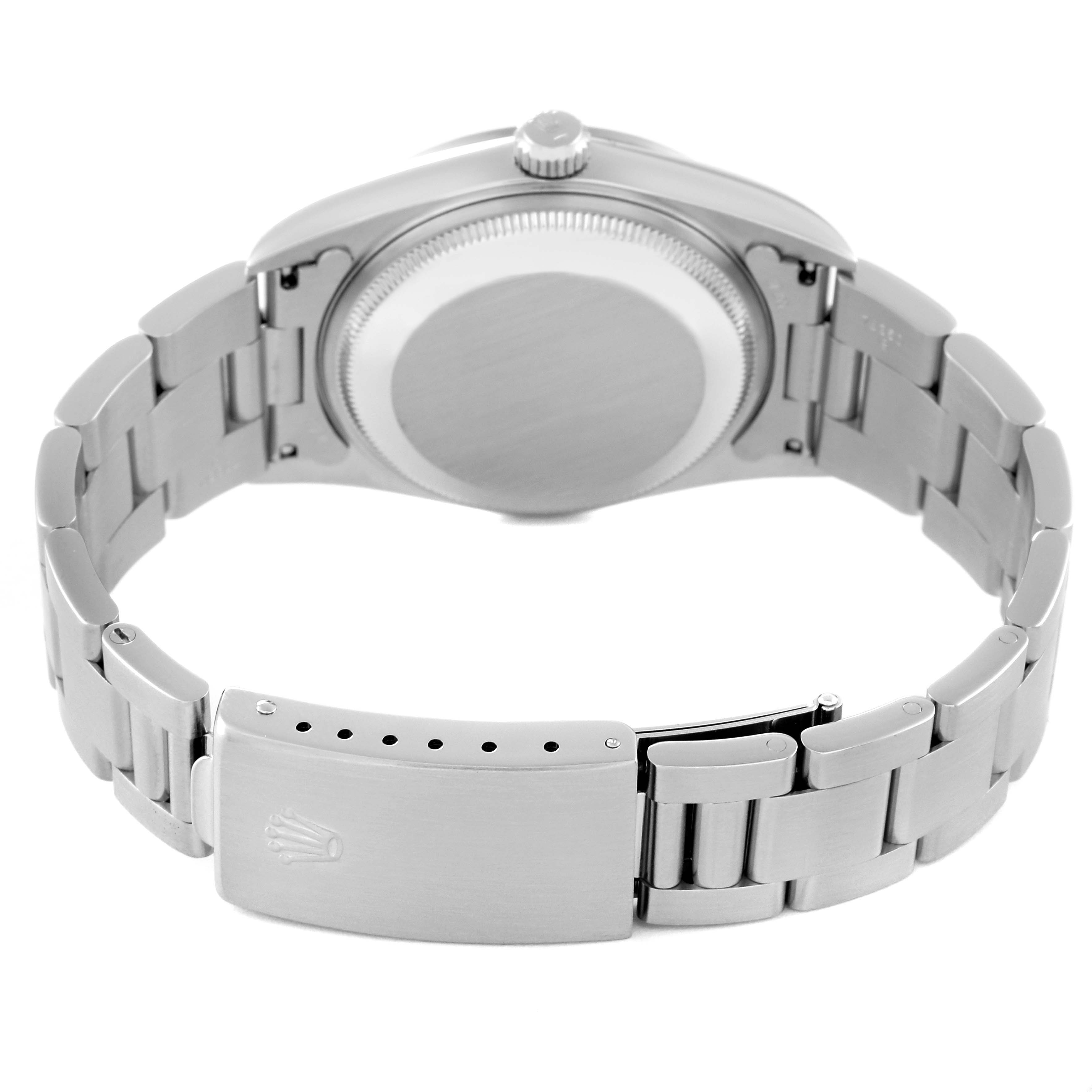 This image shows the back of a Rolex Date 15200 Men's Stainless Steel White Dial 15200 Men's Stainless Steel White Dial model watch, highlighting the case back, bracelet, and clasp.