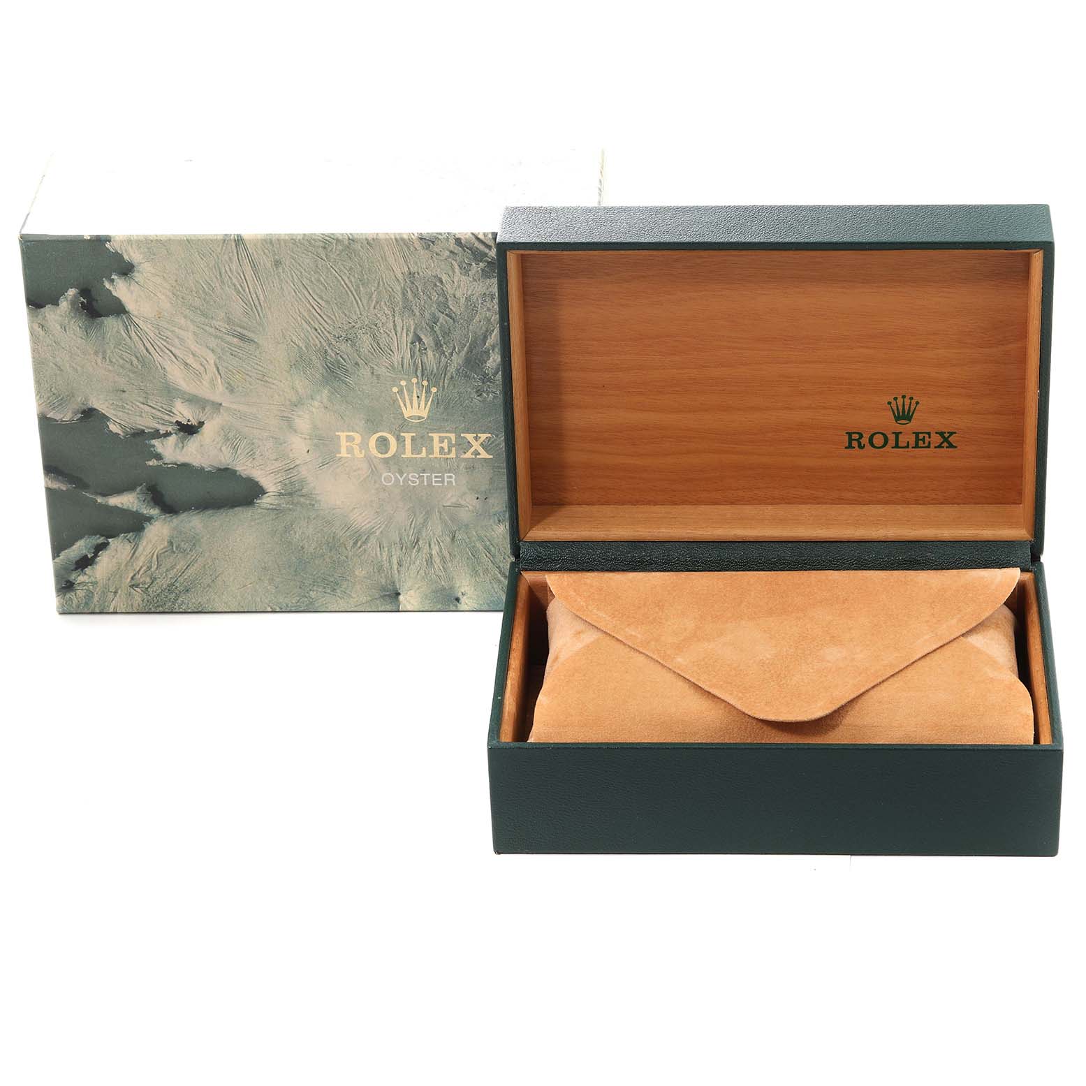 The image shows the packaging box for the Rolex Date 15200 Men's Stainless Steel White Dial 15200 Men's Stainless Steel White Dial model watch, featuring an outer box, an inner wooden box, and a suede pouch.