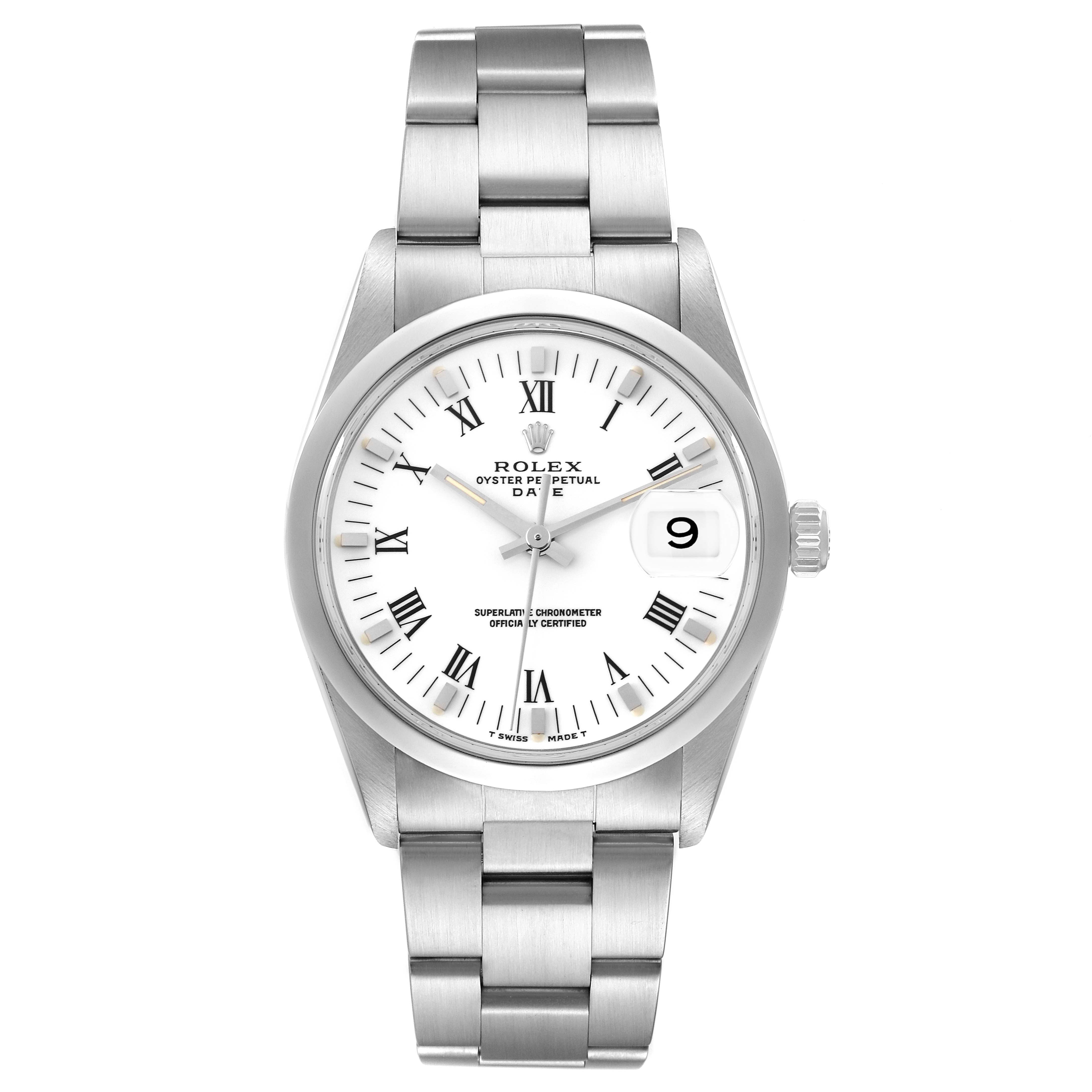 This image shows a front view of a Rolex Oyster Perpetual Date watch, highlighting the dial, bezel, bracelet, and date window.