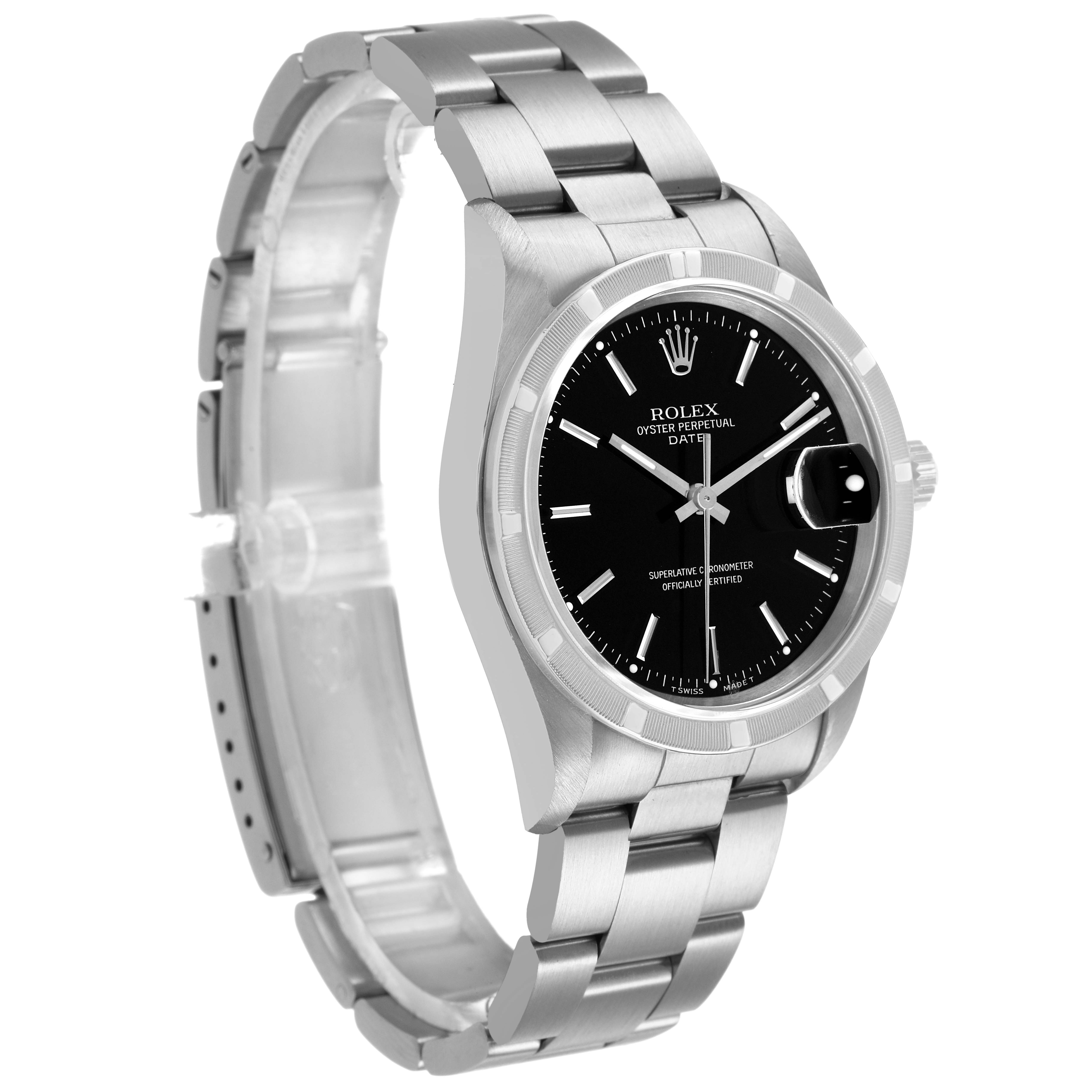 The Rolex Date 15210 Men's Stainless Steel Black Dial watch is shown at a front-right angle, highlighting its black dial, bracelet, bezel, and crown.