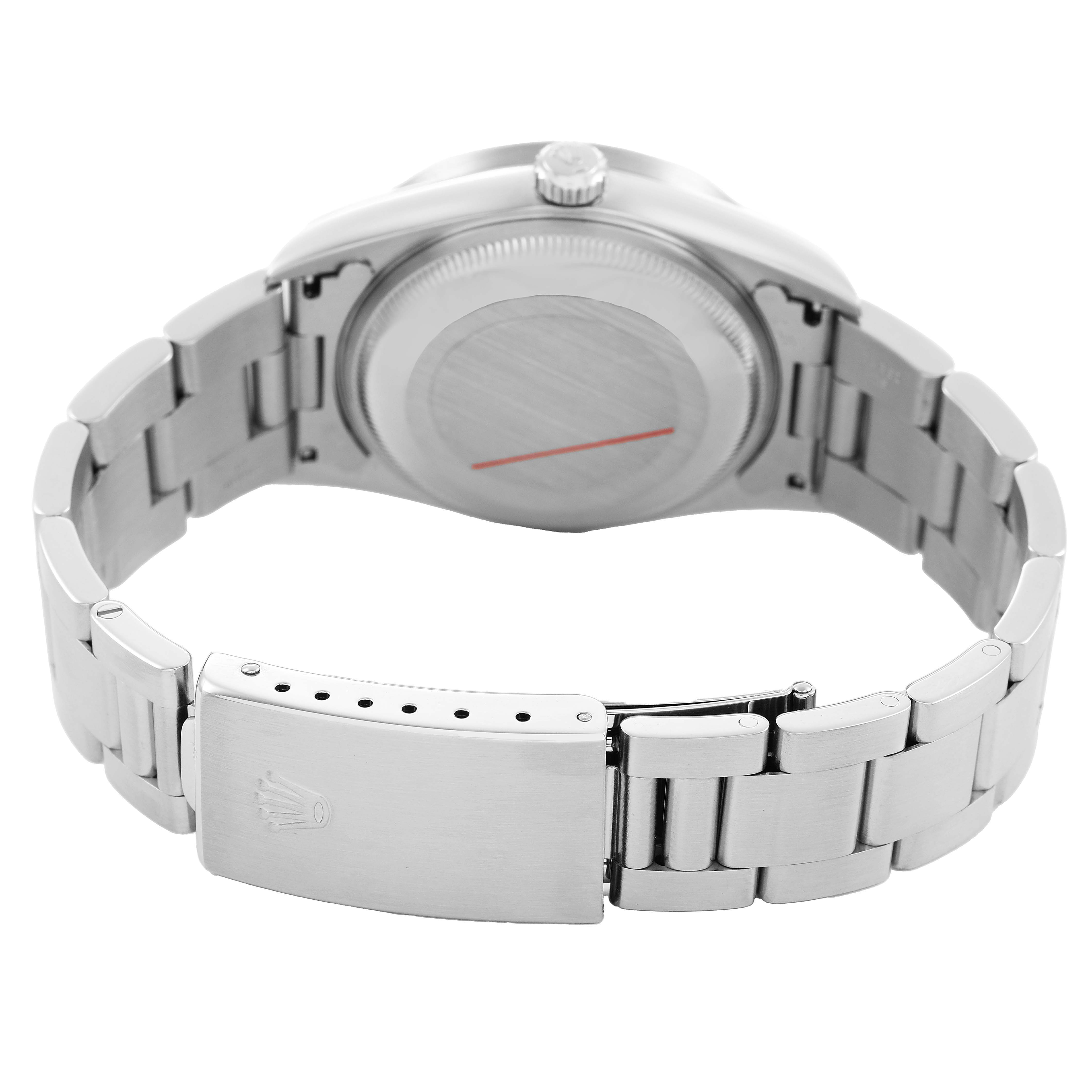 The image shows the back case and clasp of a Rolex Date 15210 Men's Stainless Steel Black Dial model, with a focus on the bracelet and rear view.