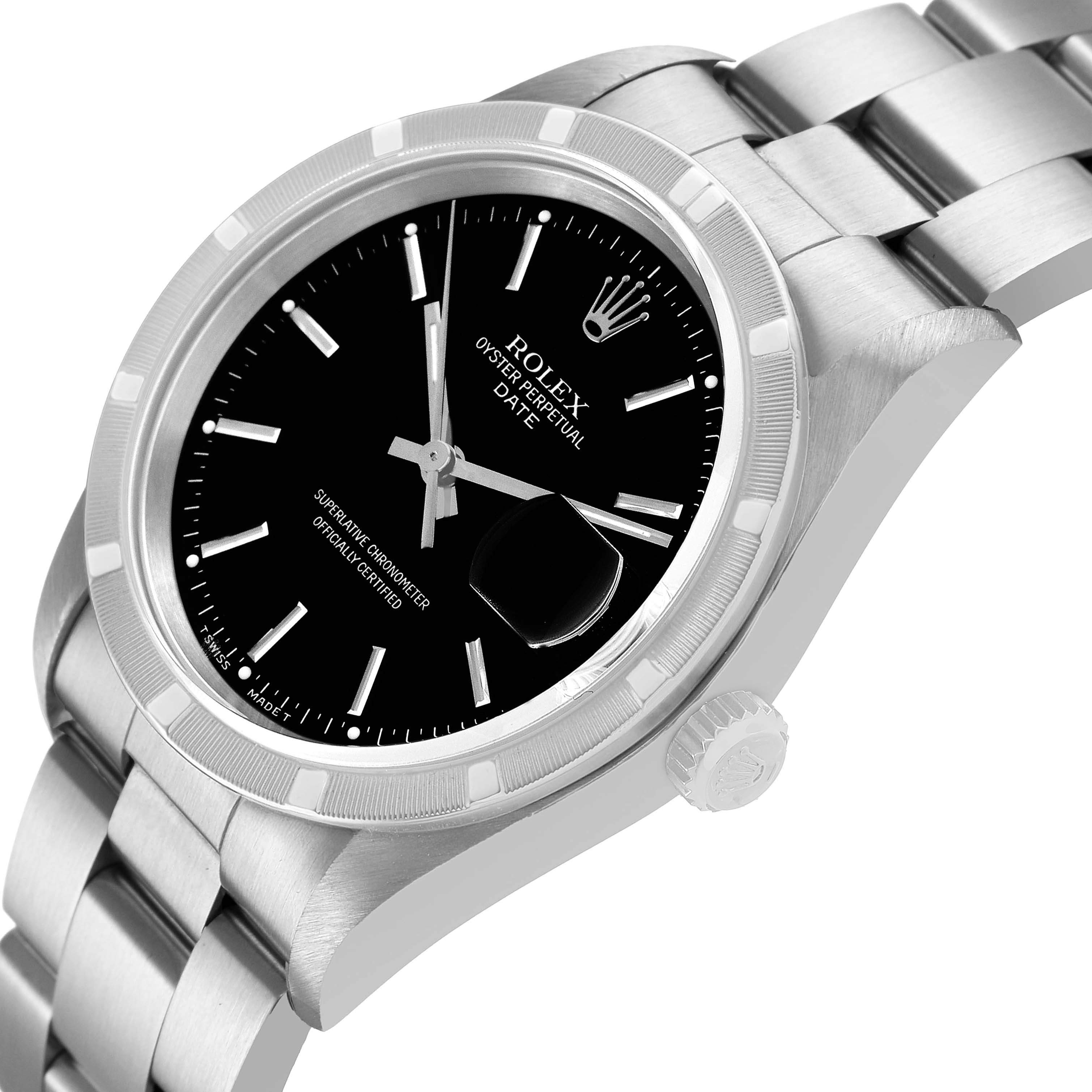 The Rolex Date 15210 Men's Stainless Steel Black Dial model is shown at an angled side view, highlighting the bezel, dial, crown, and a portion of the bracelet.
