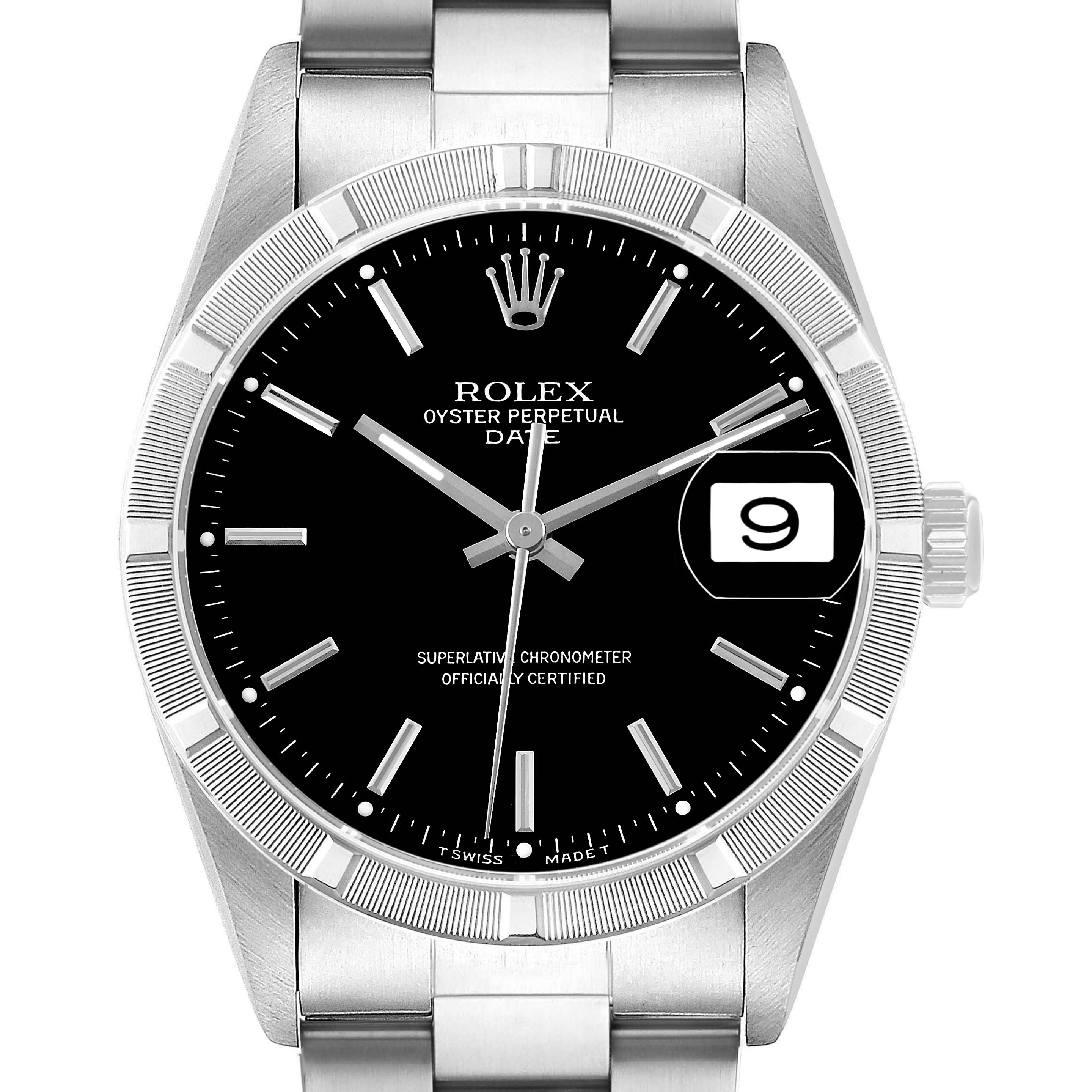 The Rolex Date 15210 Men's Stainless Steel Black Dial watch is shown from a front angle, highlighting the dial, bezel, bracelet, and crown.