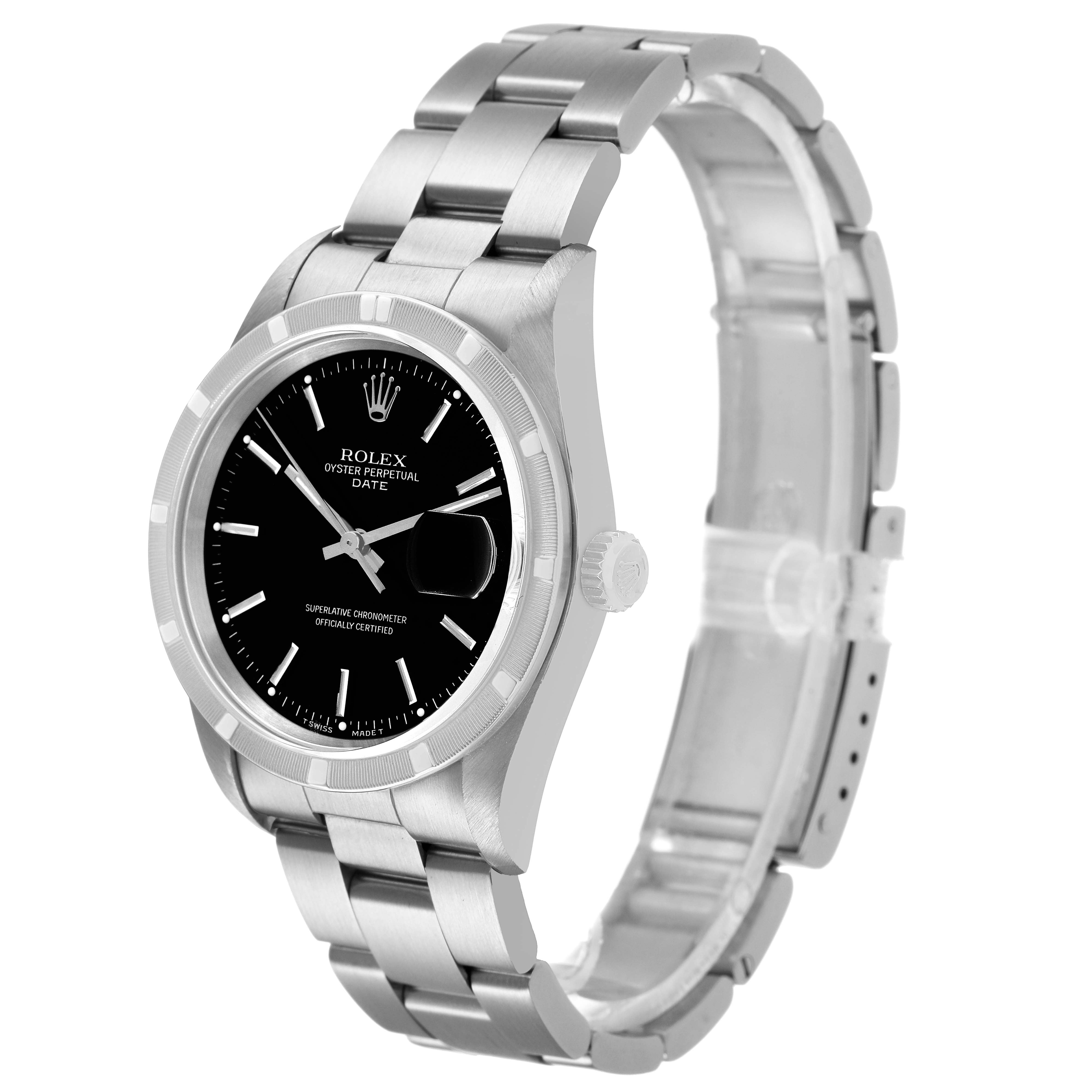 The Rolex Date 15210 Men's Stainless Steel Black Dial watch is shown at a three-quarter angle, displaying the dial, bezel, crown, and bracelet.