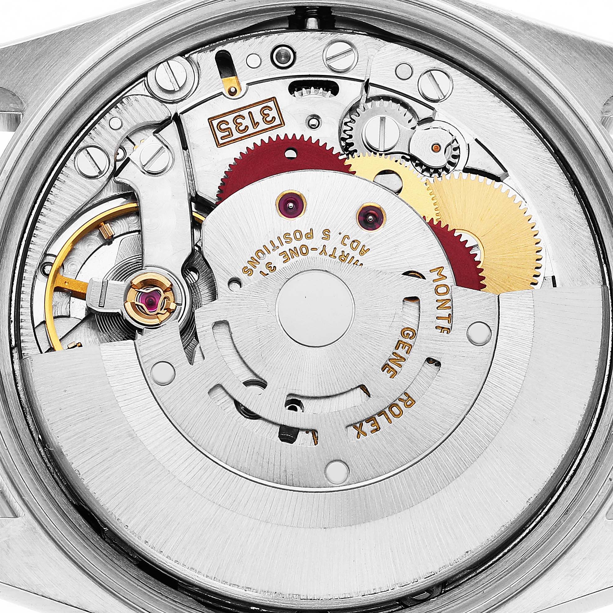 The image shows the inner movement of a Rolex Date 15210 Men's Stainless Steel Black Dial watch from a top-down angle, revealing gears and engravings.
