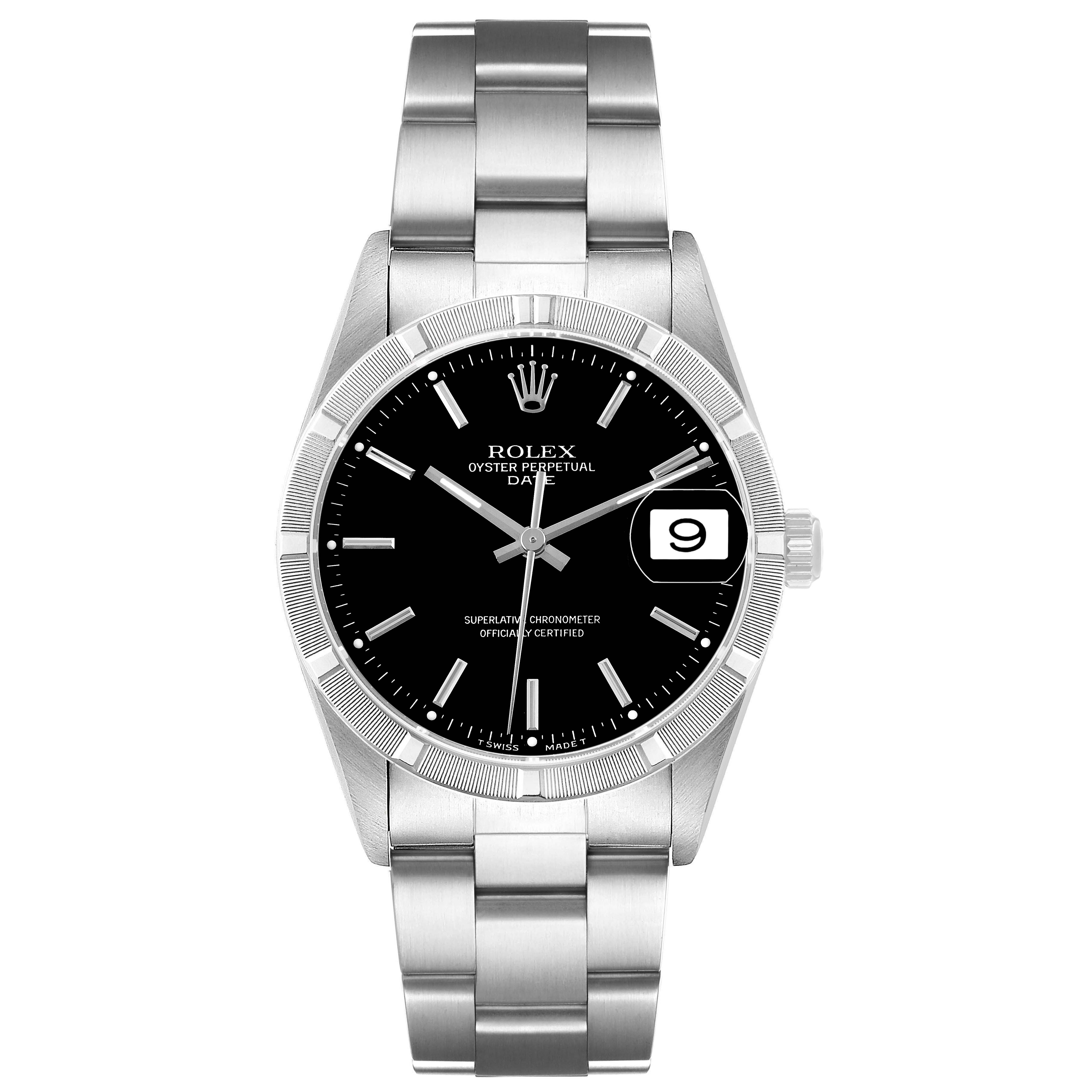 The Rolex Date 15210 Men's Stainless Steel Black Dial model is shown from the front, displaying the dial, bezel, and bracelet.