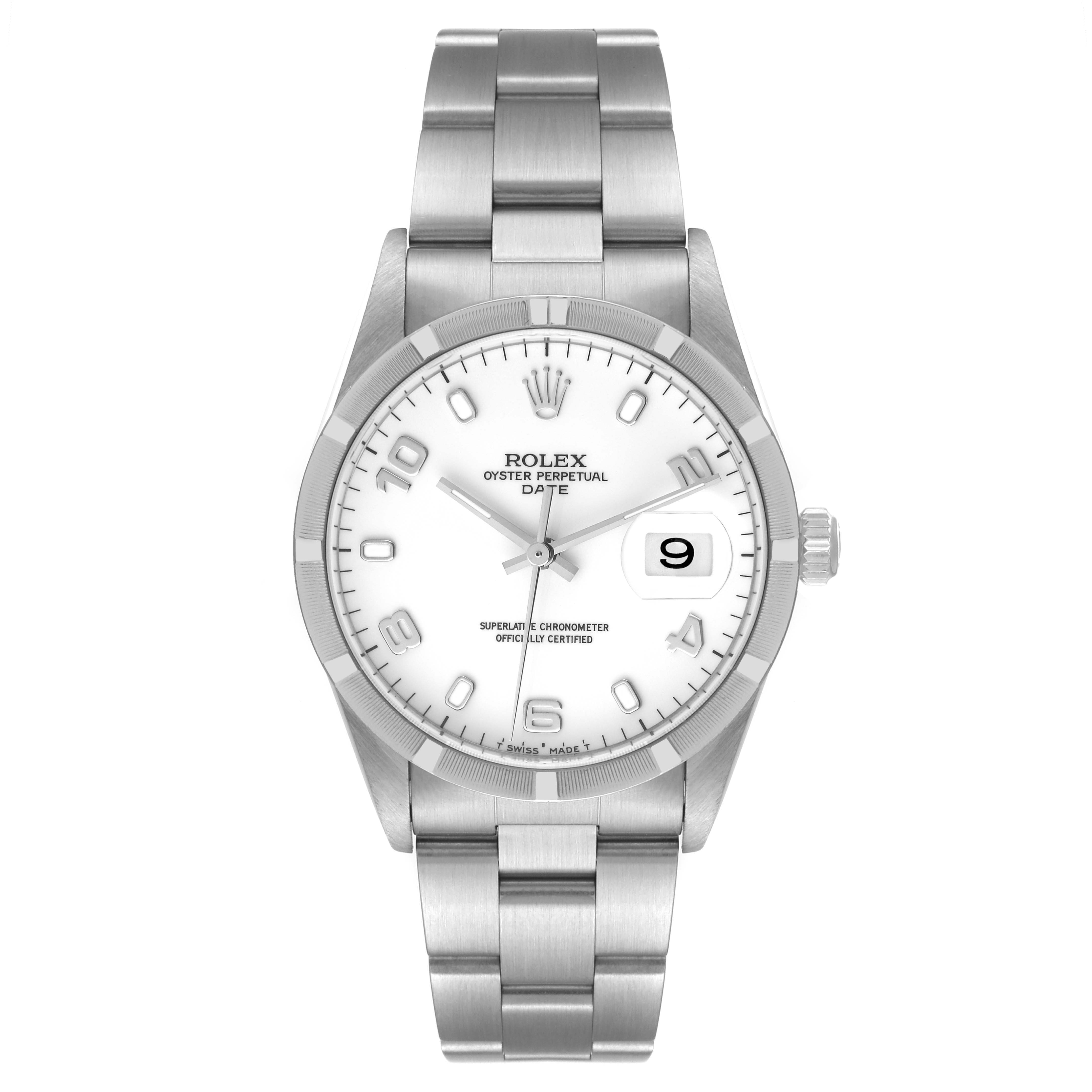 This is a front view of a Rolex Date 15210 Men's Stainless Steel White Dial 15210 Men's Stainless Steel White Dial model watch showing the face, bracelet, and date function.