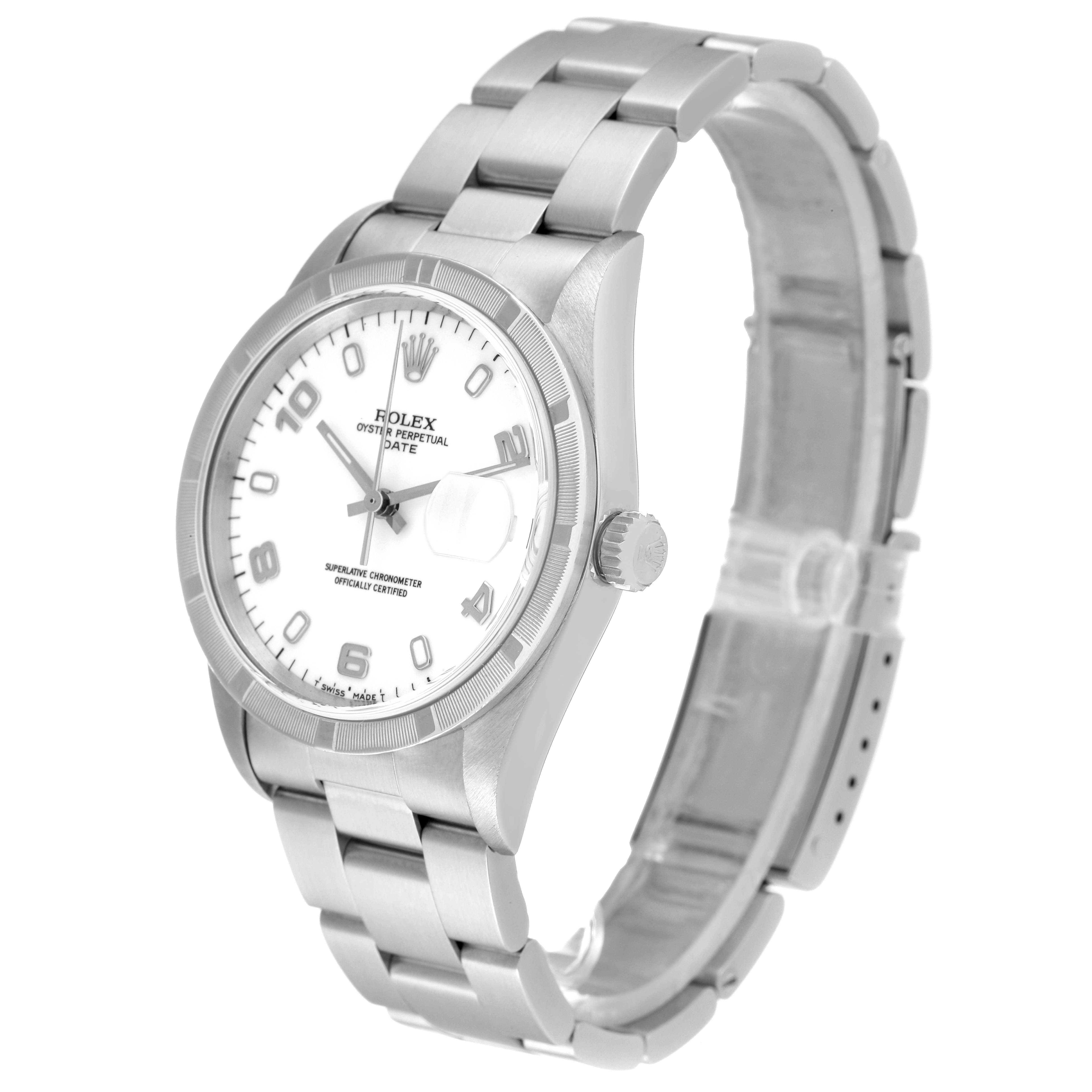 The image shows a Rolex Date 15210 Men's Stainless Steel White Dial 15210 Men's Stainless Steel White Dial model watch at a three-quarter angle, highlighting the face, crown, and metal bracelet.