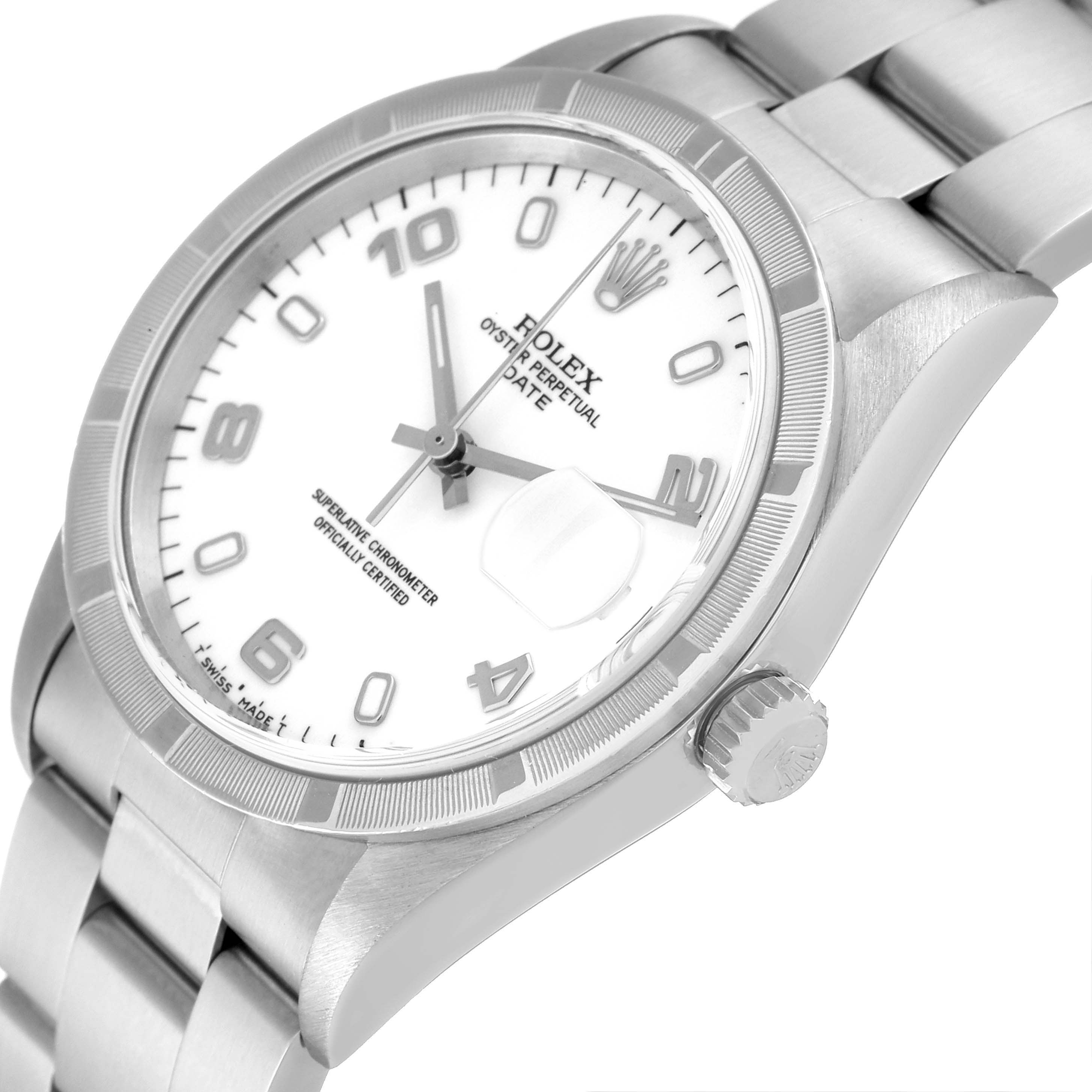 The image shows a close-up angle of the Rolex Date 15210 Men's Stainless Steel White Dial 15210 Men's Stainless Steel White Dial model, highlighting the dial, bezel, bracelet, and crown.