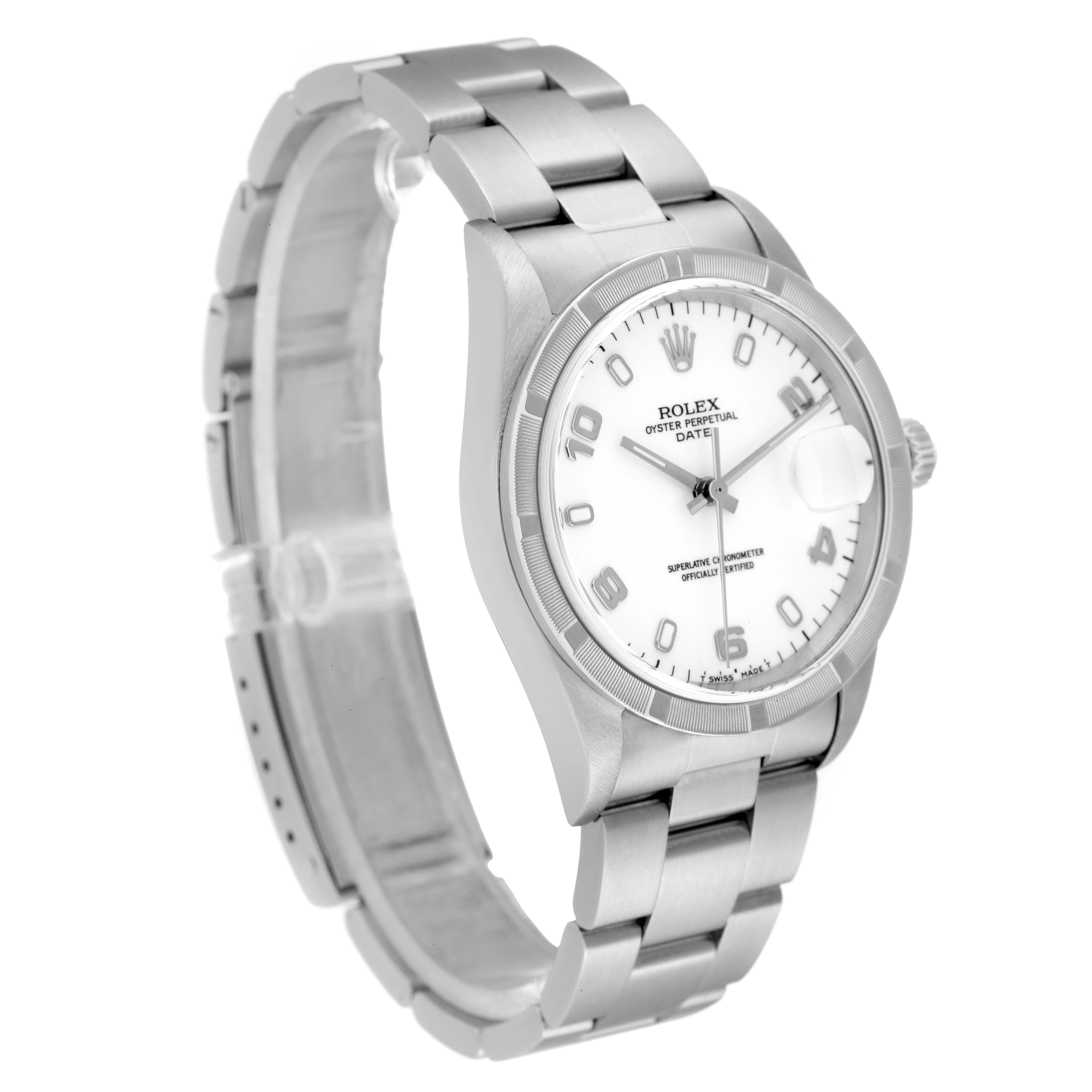 The Rolex Date 15210 Men's Stainless Steel White Dial 15210 Men's Stainless Steel White Dial watch is shown at a three-quarter angle, displaying its white dial, hour markers, and stainless steel bracelet.