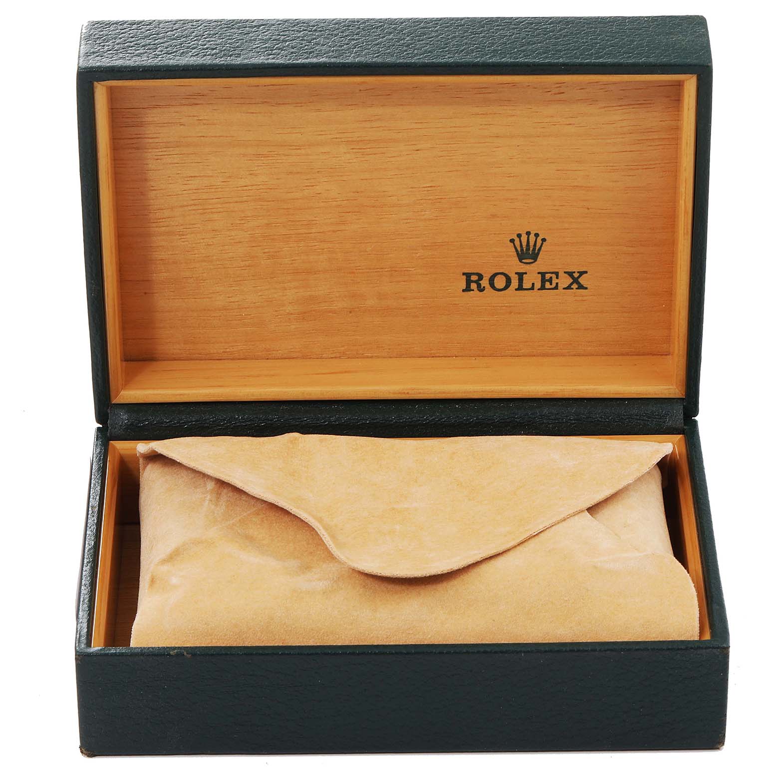 This image shows an open Rolex Date 15210 Men's Stainless Steel White Dial 15210 Men's Stainless Steel White Dial model watch box with a suede pouch inside.