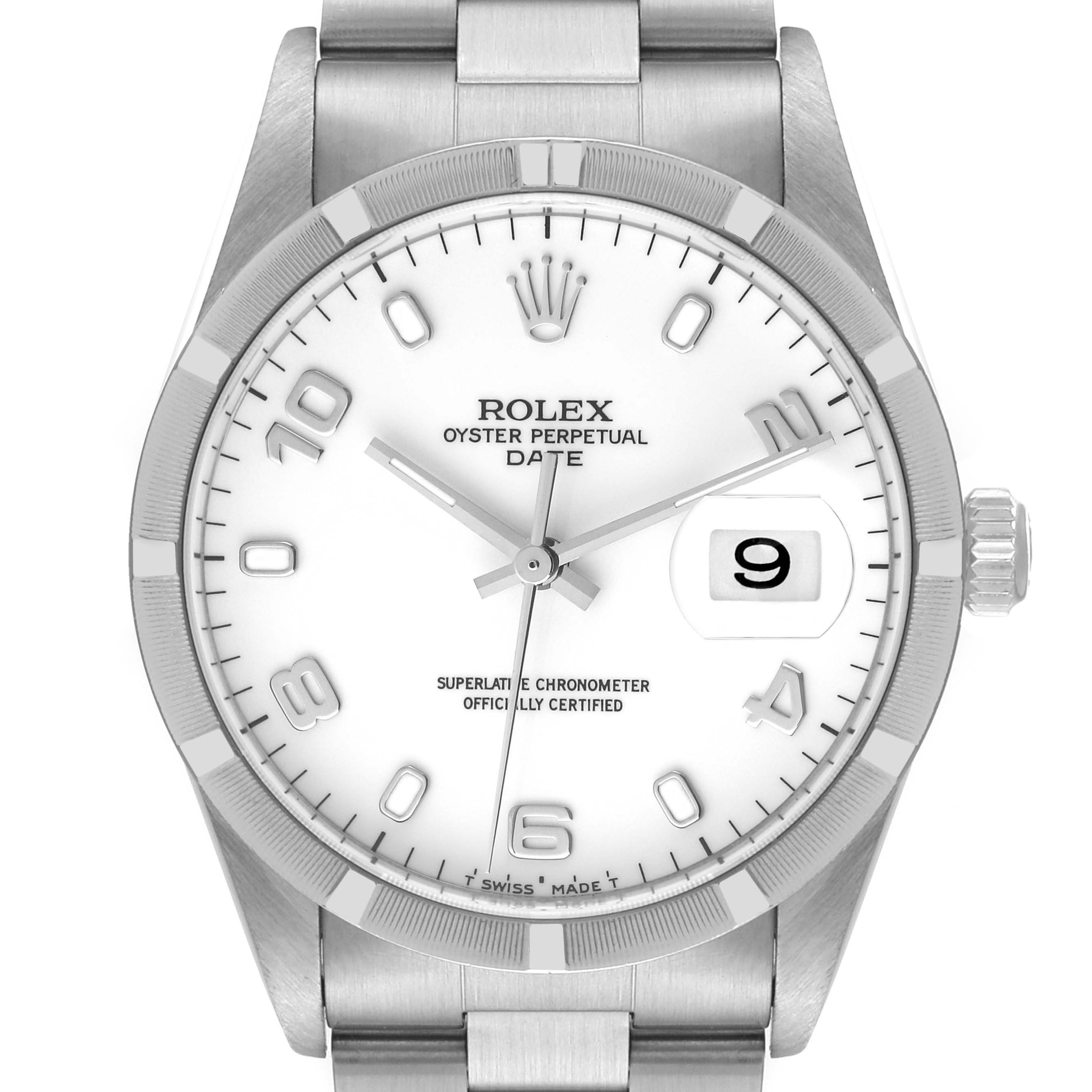 The image shows a front view of a Rolex Oyster Perpetual Date watch with a white dial and visible date window.