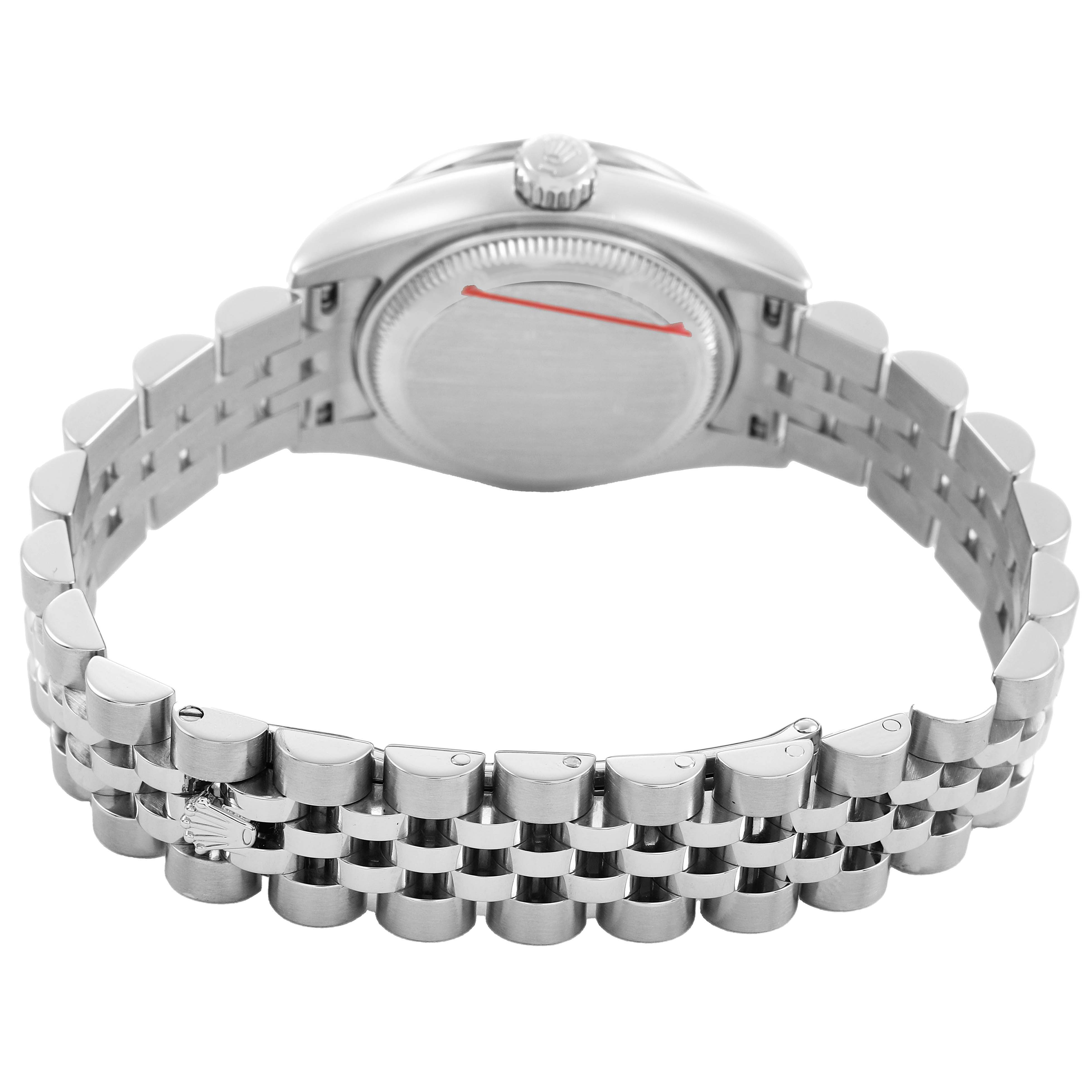 The image shows the back of a Rolex Datejust 179384 Women's Stainless Steel Silver Dial watch, focusing on the case back and bracelet in a rear angle.