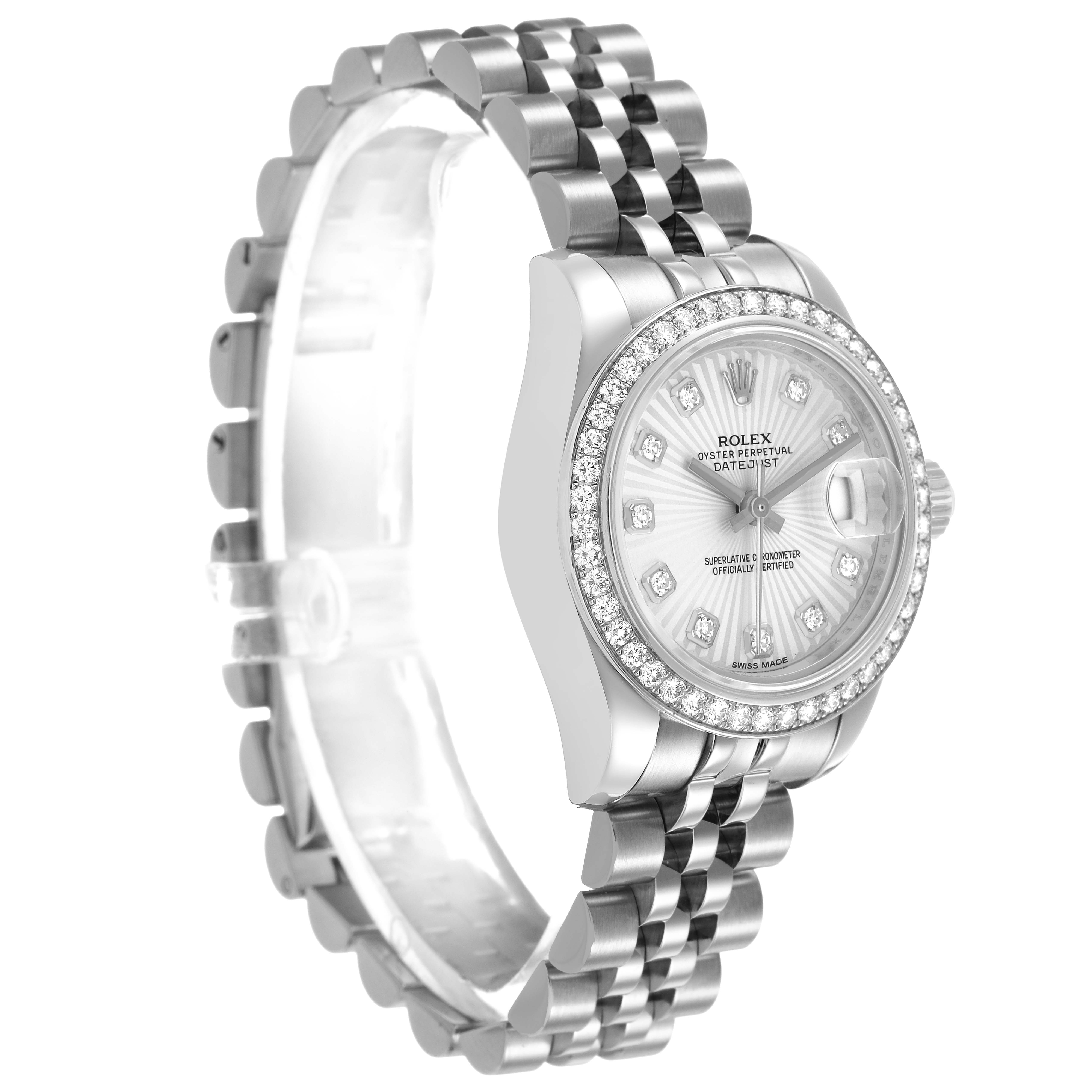 The Rolex Datejust 179384 Women's Stainless Steel Silver Dial watch is angled to show the face, bezel, and part of the bracelet, highlighting its design and details.