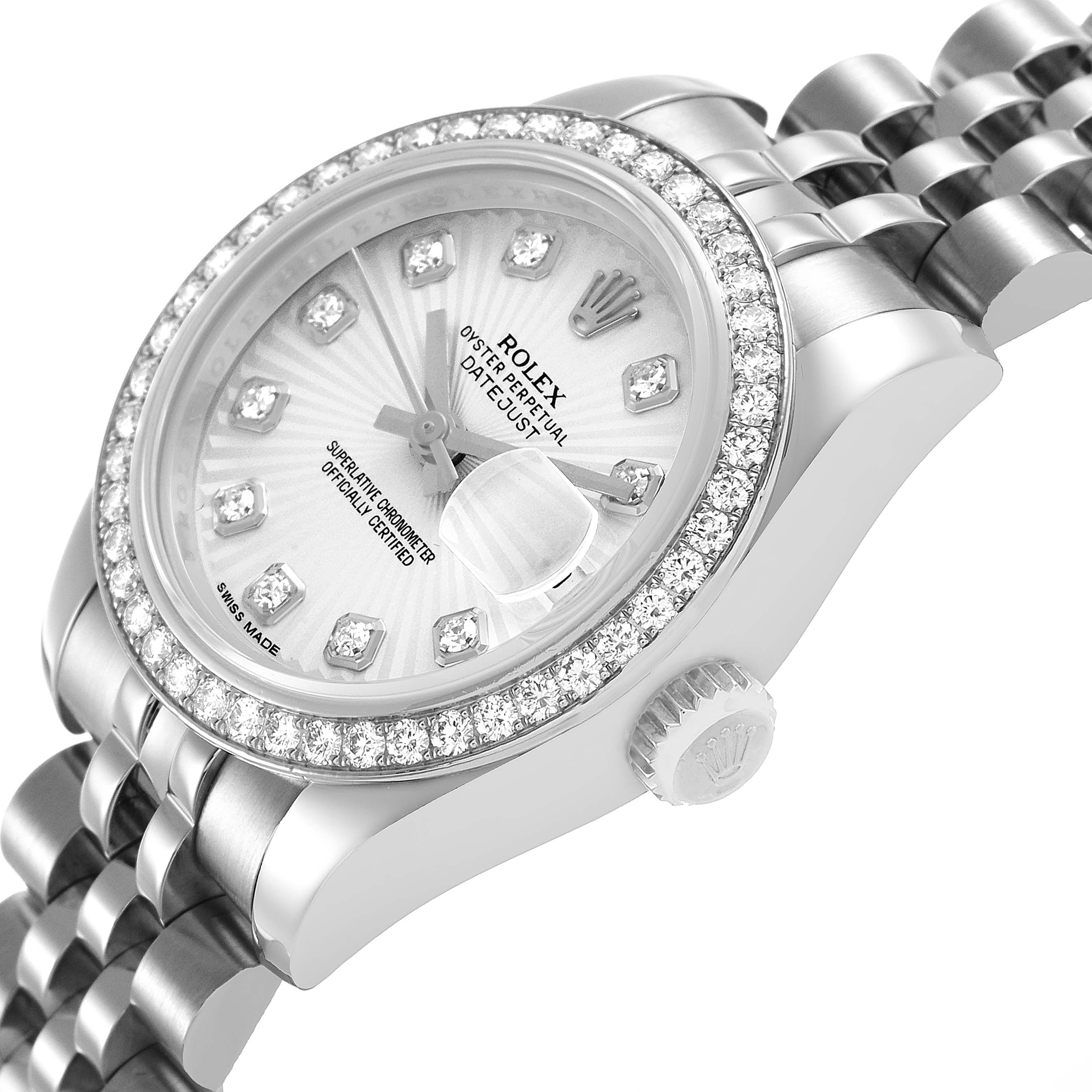 The image shows a Rolex Datejust 179384 Women's Stainless Steel Silver Dial watch at an angled side view, highlighting the bezel, dial, and crown.