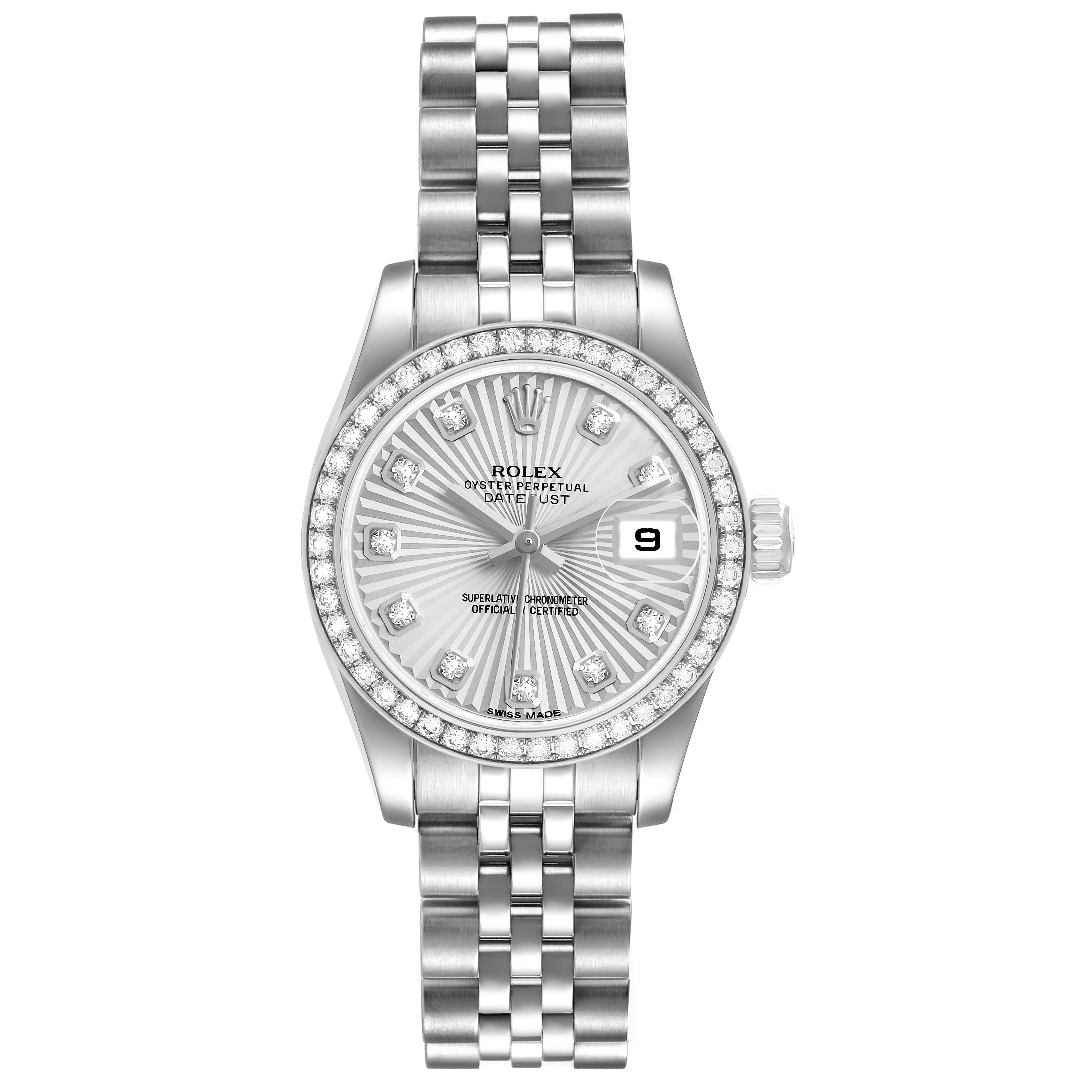 The Rolex Datejust 179384 Women's Stainless Steel Silver Dial watch is shown from a top view, highlighting the bezel, dial, bracelet, and crown.