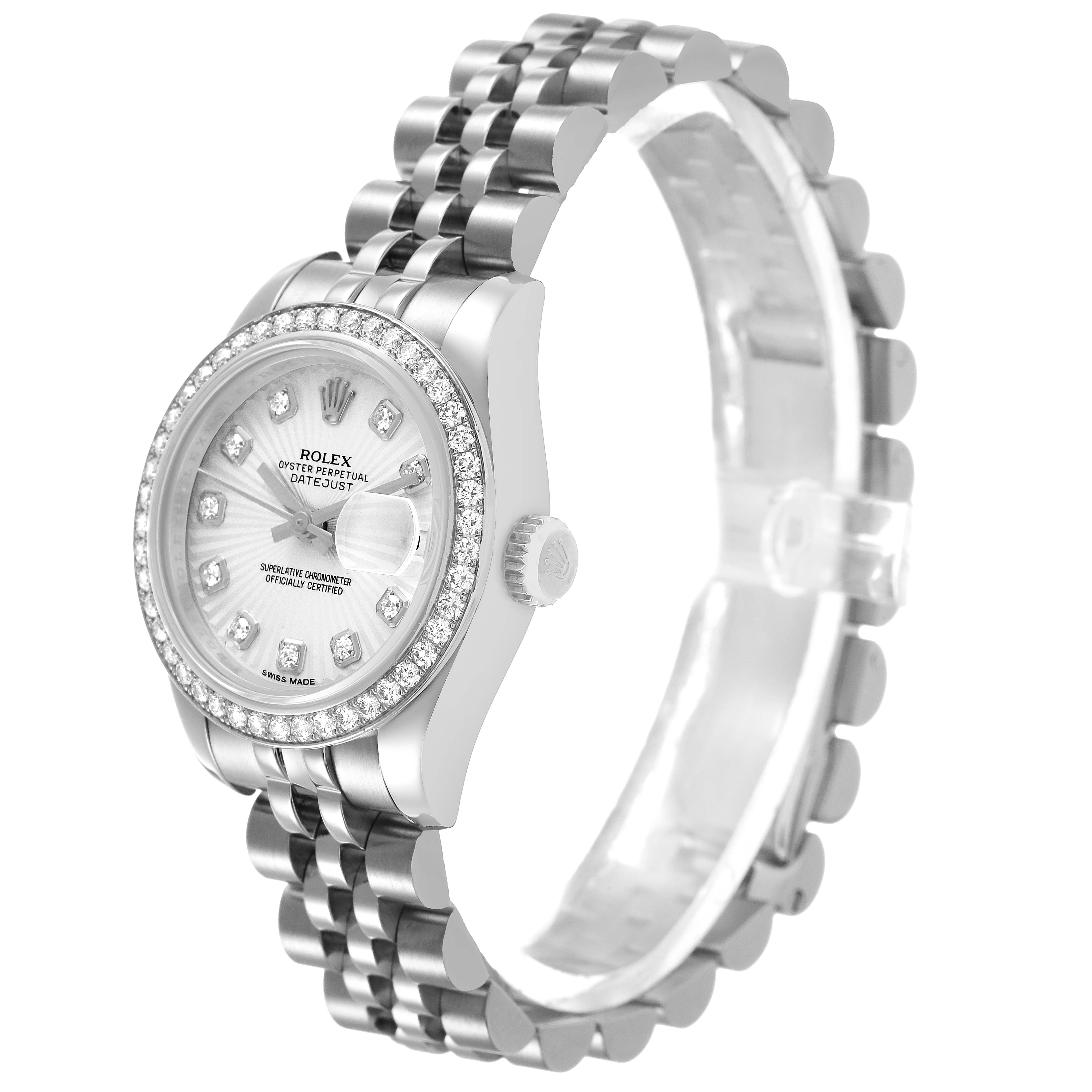 The Rolex Datejust 179384 Women's Stainless Steel Silver Dial watch is shown at a side angle, highlighting the dial, bezel, crown, and bracelet.