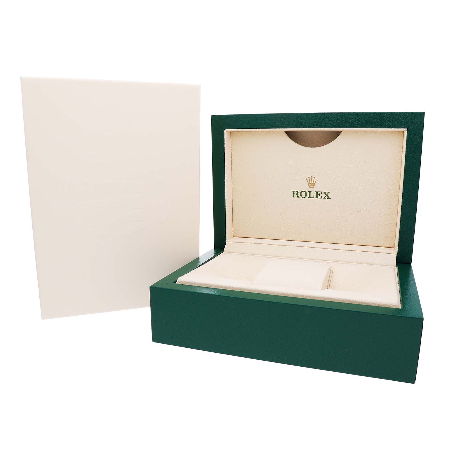 The image shows a Rolex Datejust 179384 Women's Stainless Steel Silver Dial green and beige watch box with the lid open, displaying the interior compartments.