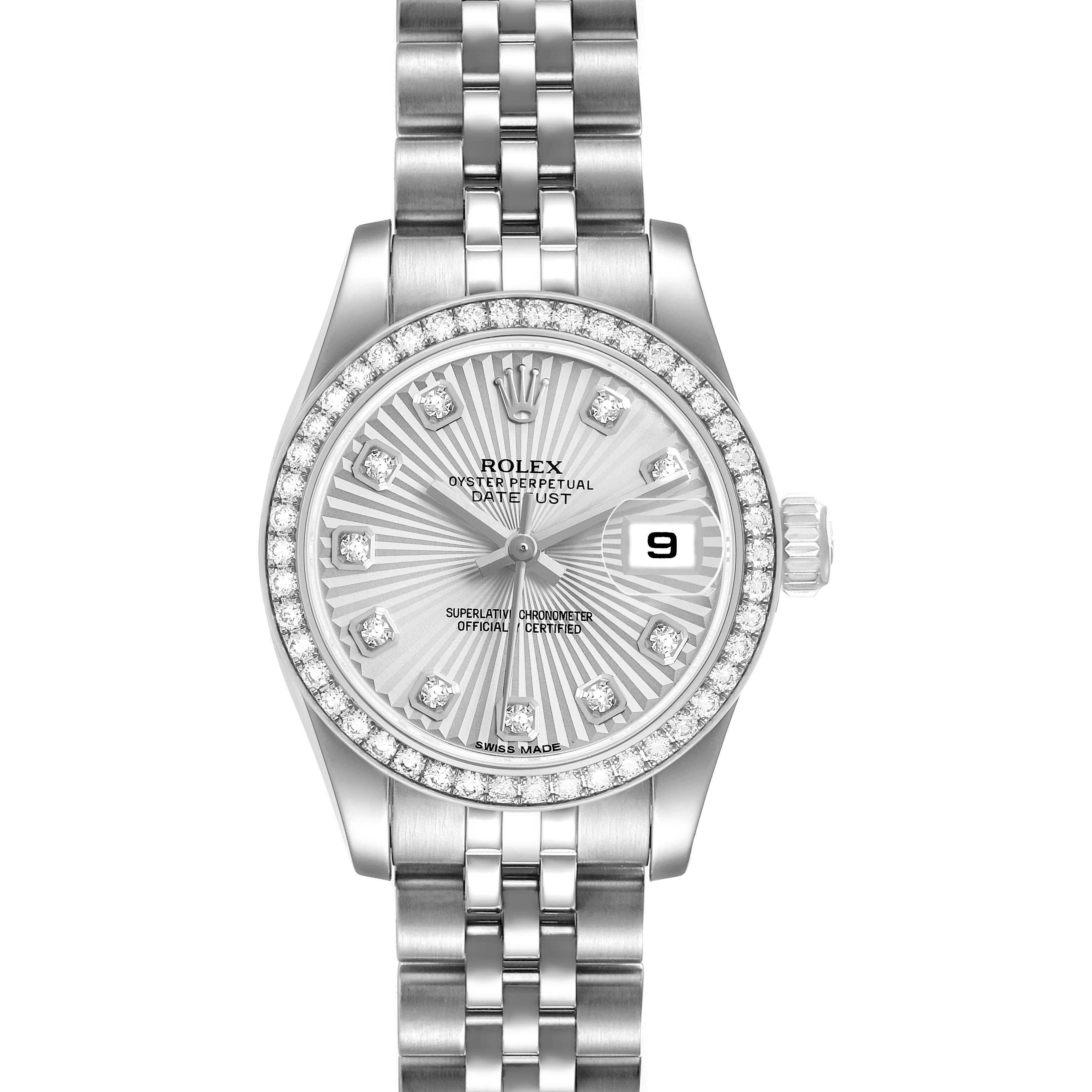 The Rolex Datejust 179384 Women's Stainless Steel Silver Dial watch is shown from a top-down angle, highlighting the dial, bezel, and part of the bracelet.