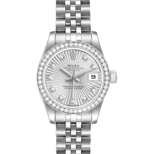 The Rolex Datejust 179384 Women's Stainless Steel Silver Dial watch is shown from a top-down angle, featuring the dial, bezel, and parts of the bracelet.