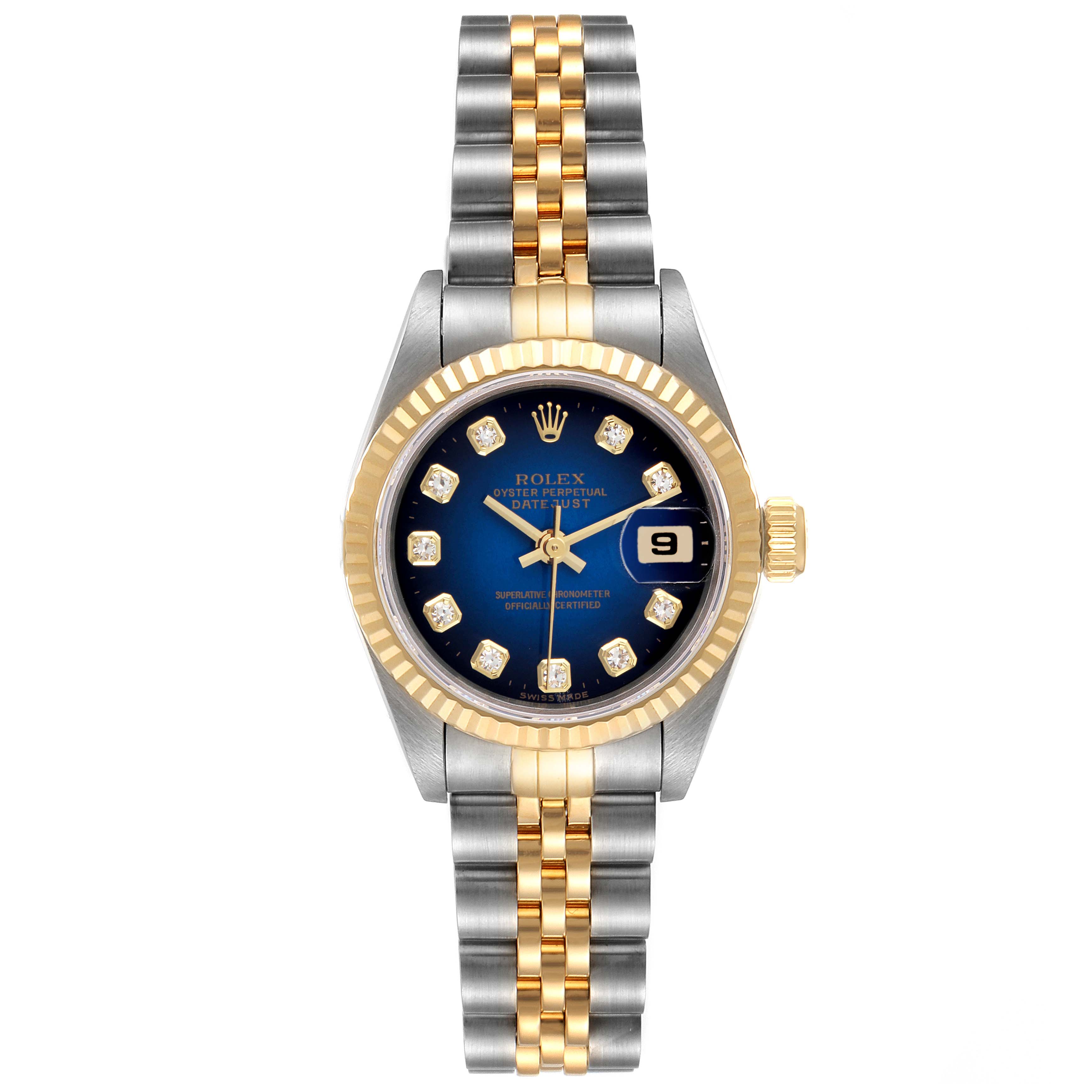 This image shows a Rolex Datejust 69173 Women's Steel and Gold (two tone) Blue Dial 69173 Women's Steel and Gold (two tone) Blue Dial watch from a straight-on angle, displaying the face, bezel, and bracelet.