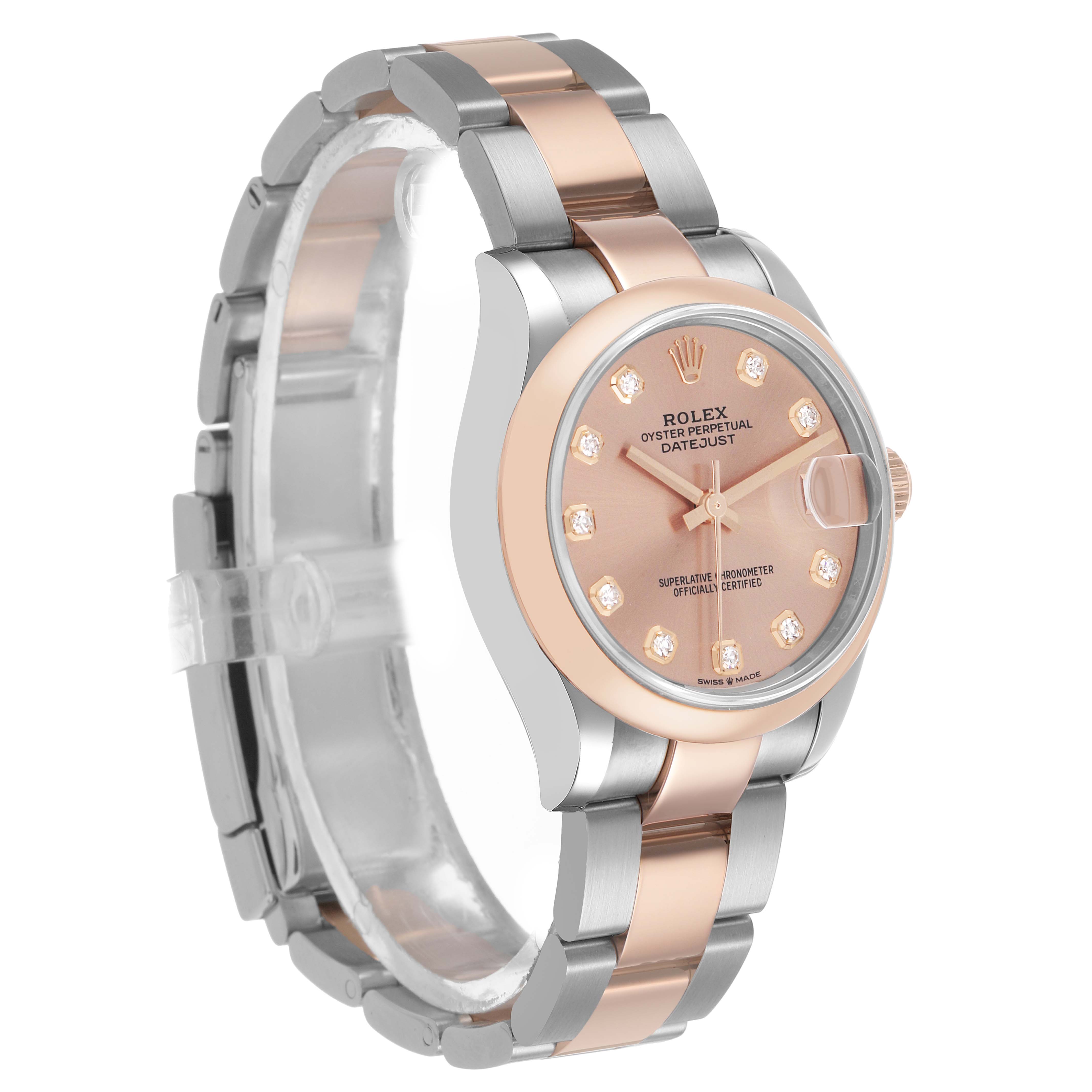The Rolex Datejust 278241 Women's Stainless Steel Pink Dial is shown at a slight angle highlighting the face, crown, and two-tone bracelet.