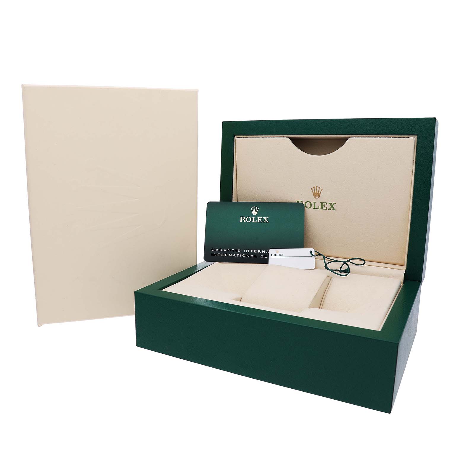 The image shows the box and accessories for a Rolex Datejust 278241 Women's Stainless Steel Pink Dial watch, including a green card and tag, at an angle displaying the open box.